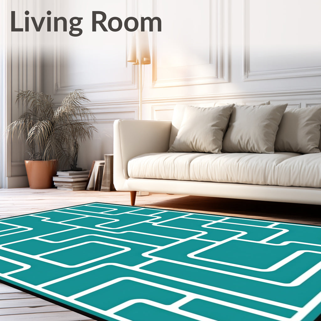 Teal White Interlocking Geometric Pattern Rug