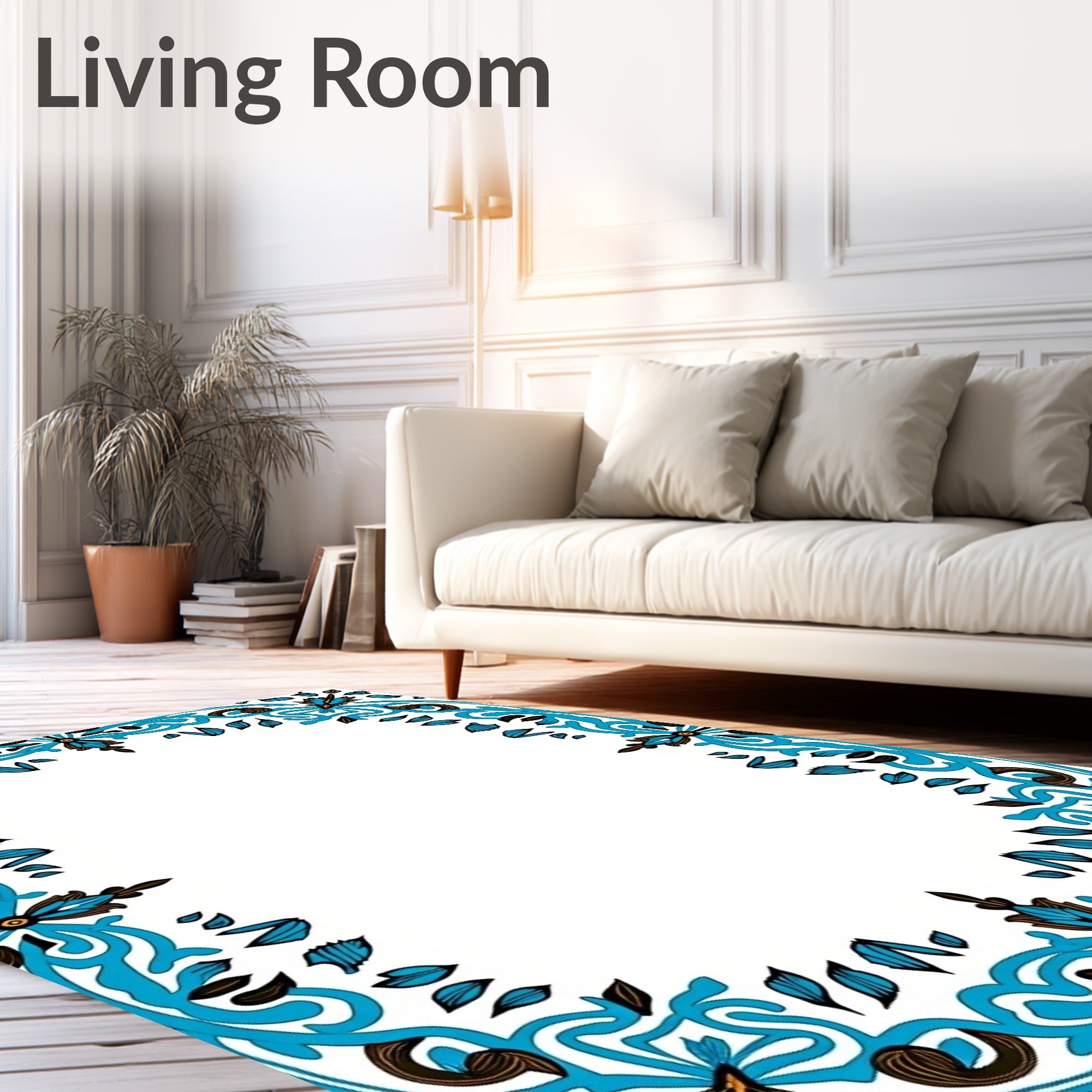 Ornate Blue And Brown Floral Border Design Rug