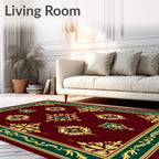 Ornate Burgundy Gold Green Medallion Rug