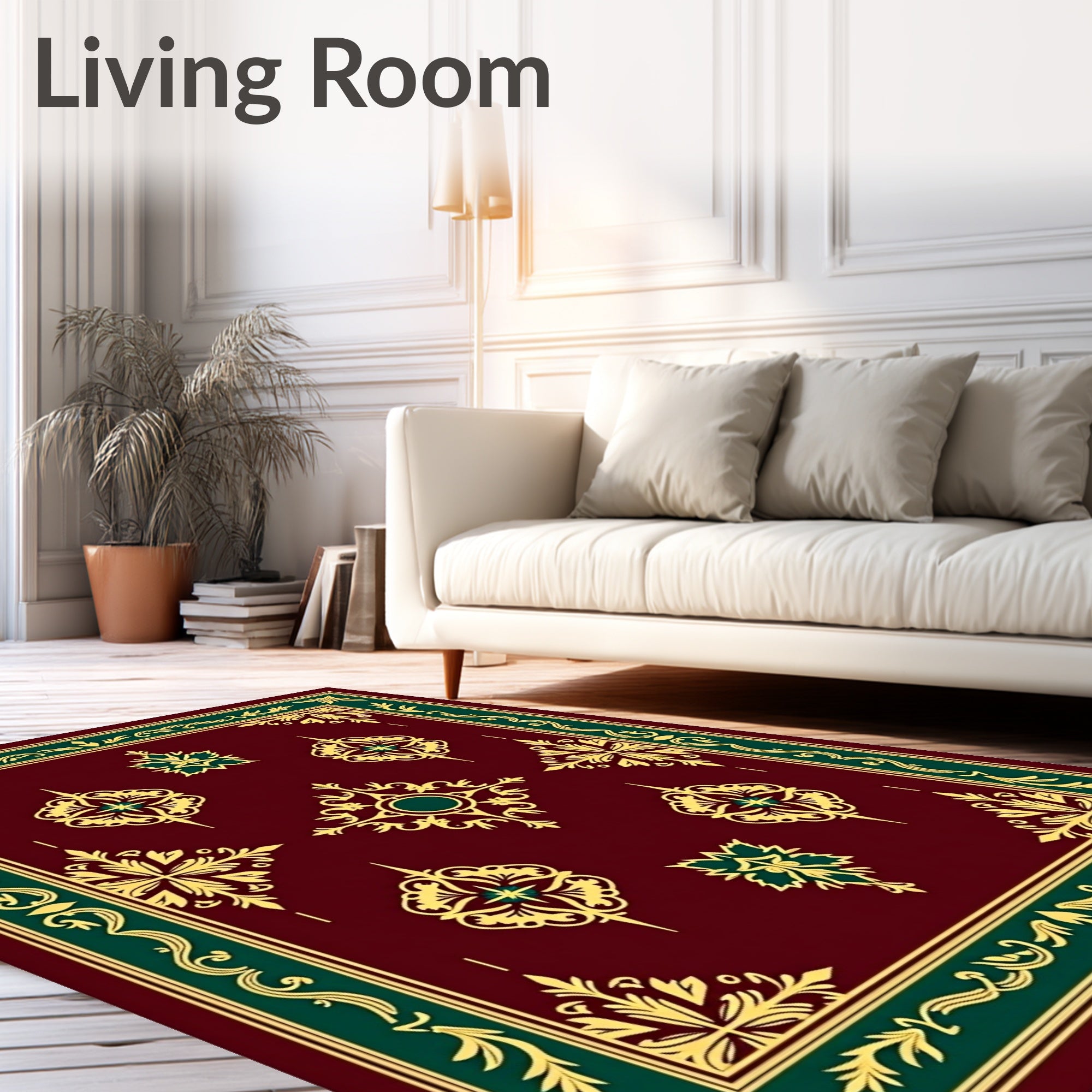 Ornate Burgundy Gold Green Medallion Rug