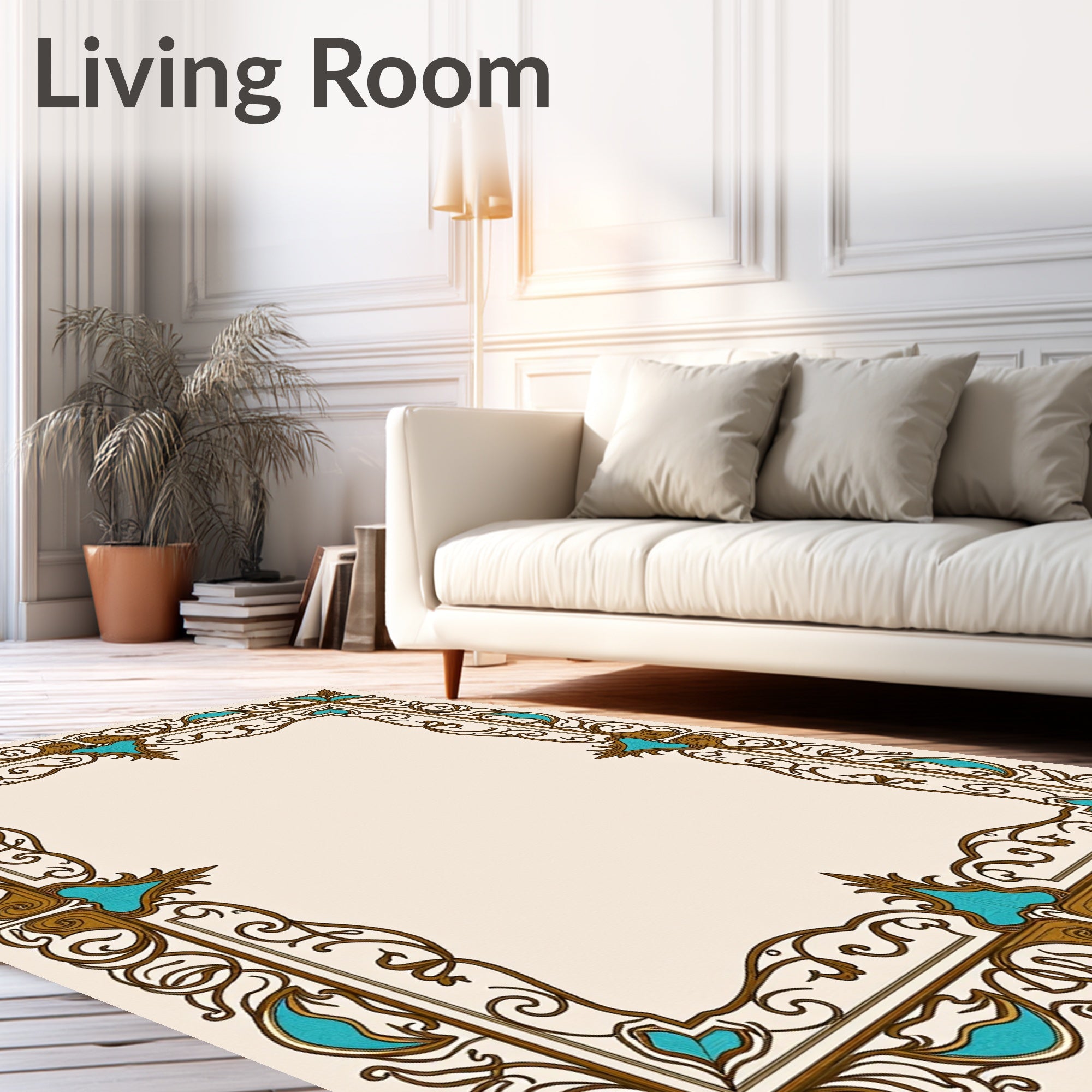 Ornate Teal Gold Scroll Border Rug