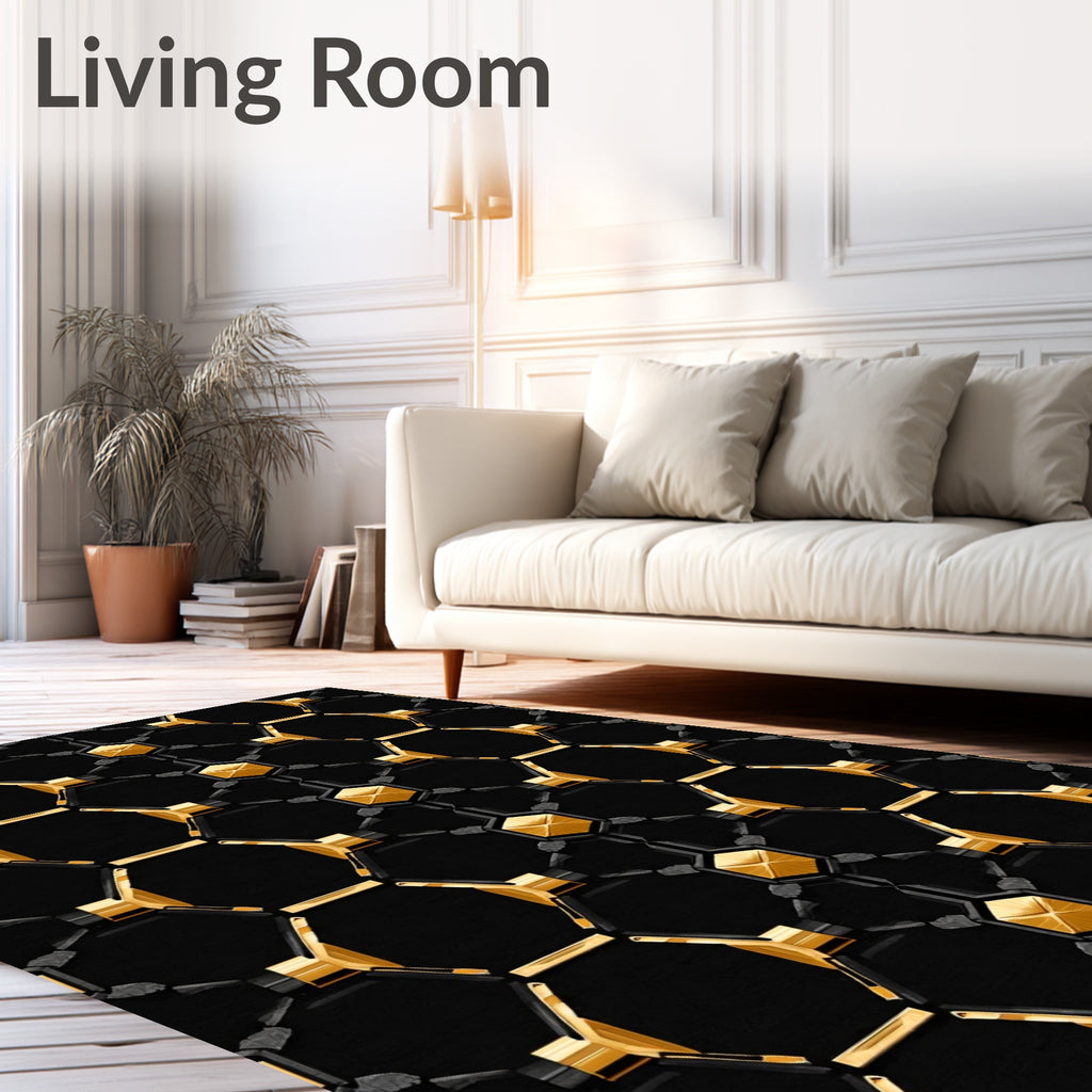 Black Gold Hexagonal Geometric Pattern Rug