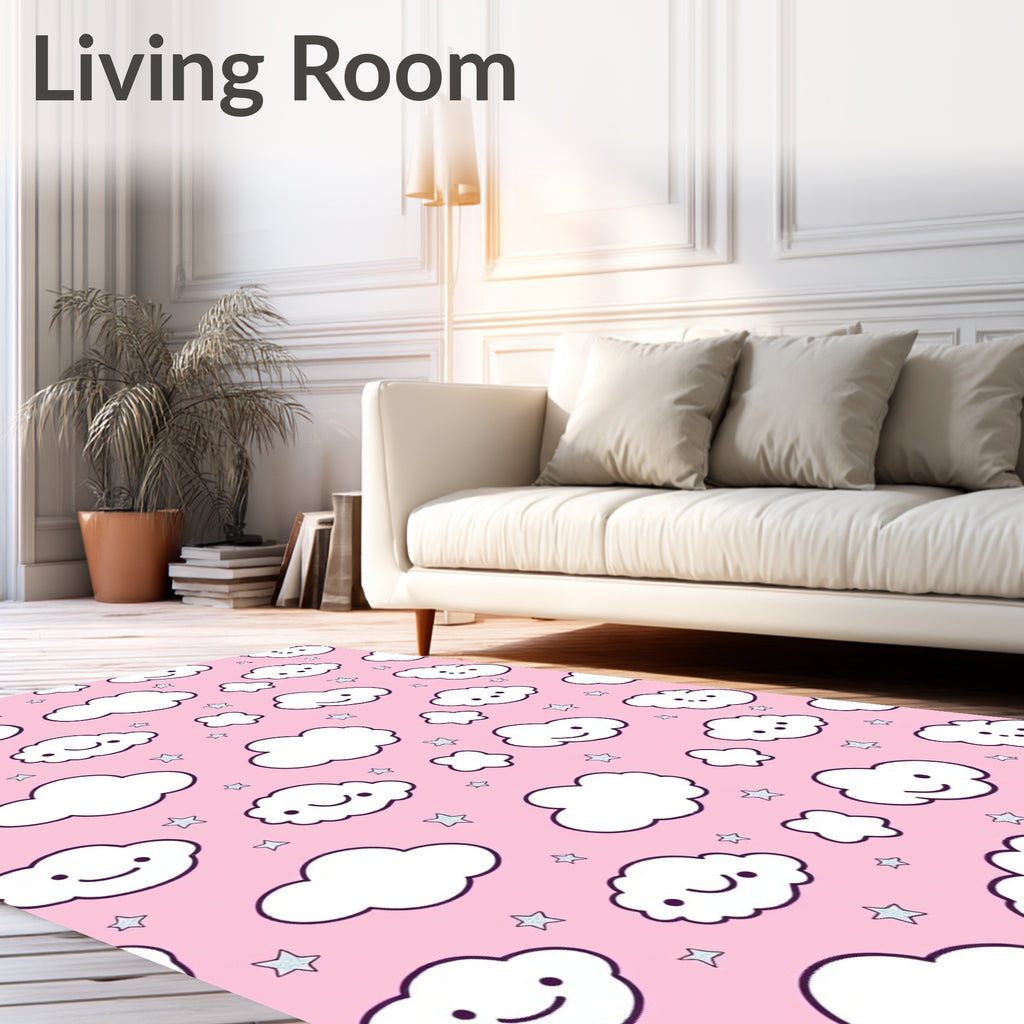 Cute Smiling Clouds Stars Pink Print Rug