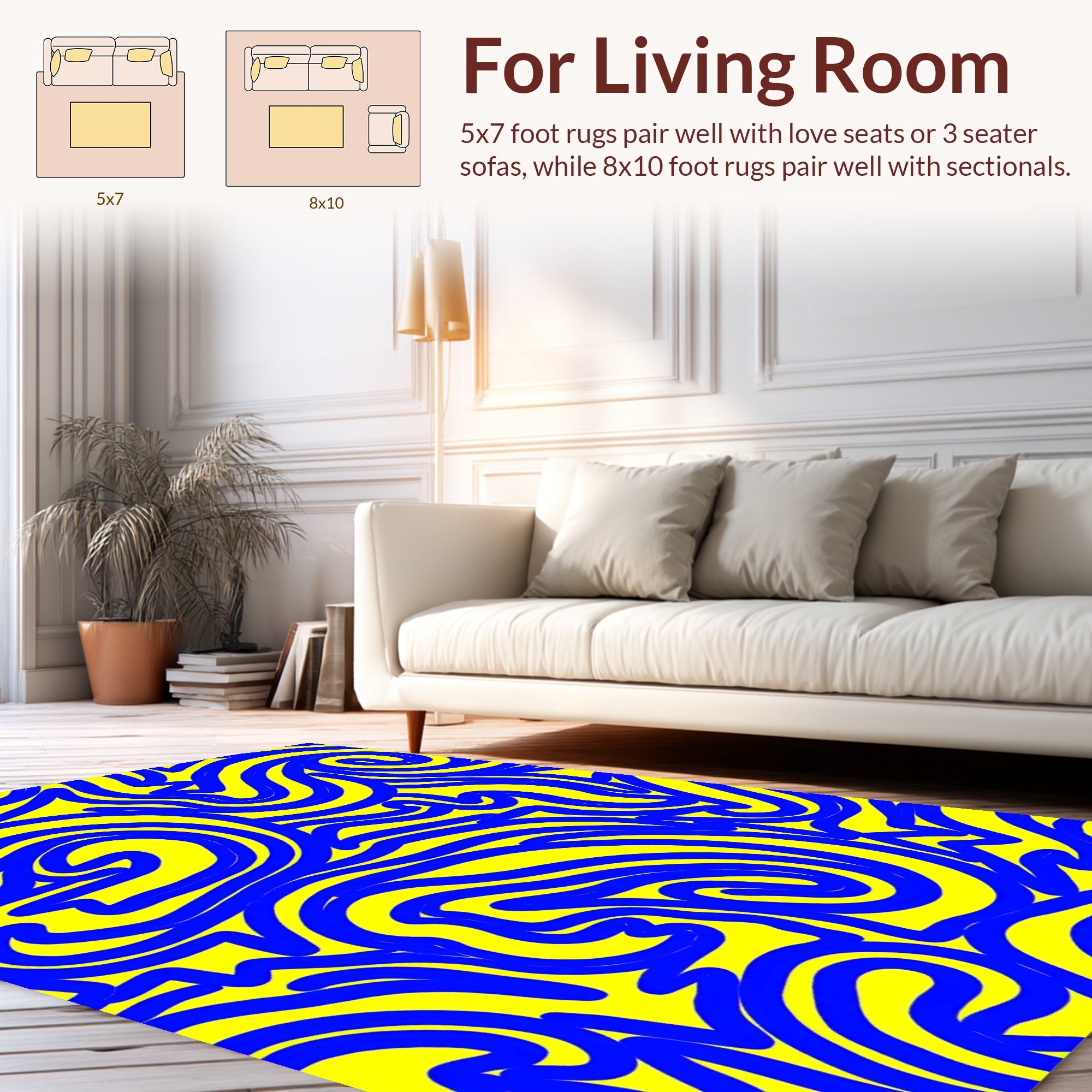 Bold Blue Swirls Yellow Abstract Rug