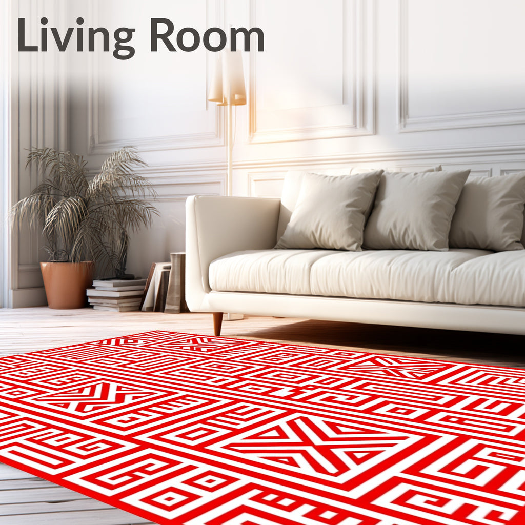 Geometric Red Maze Pattern Rug