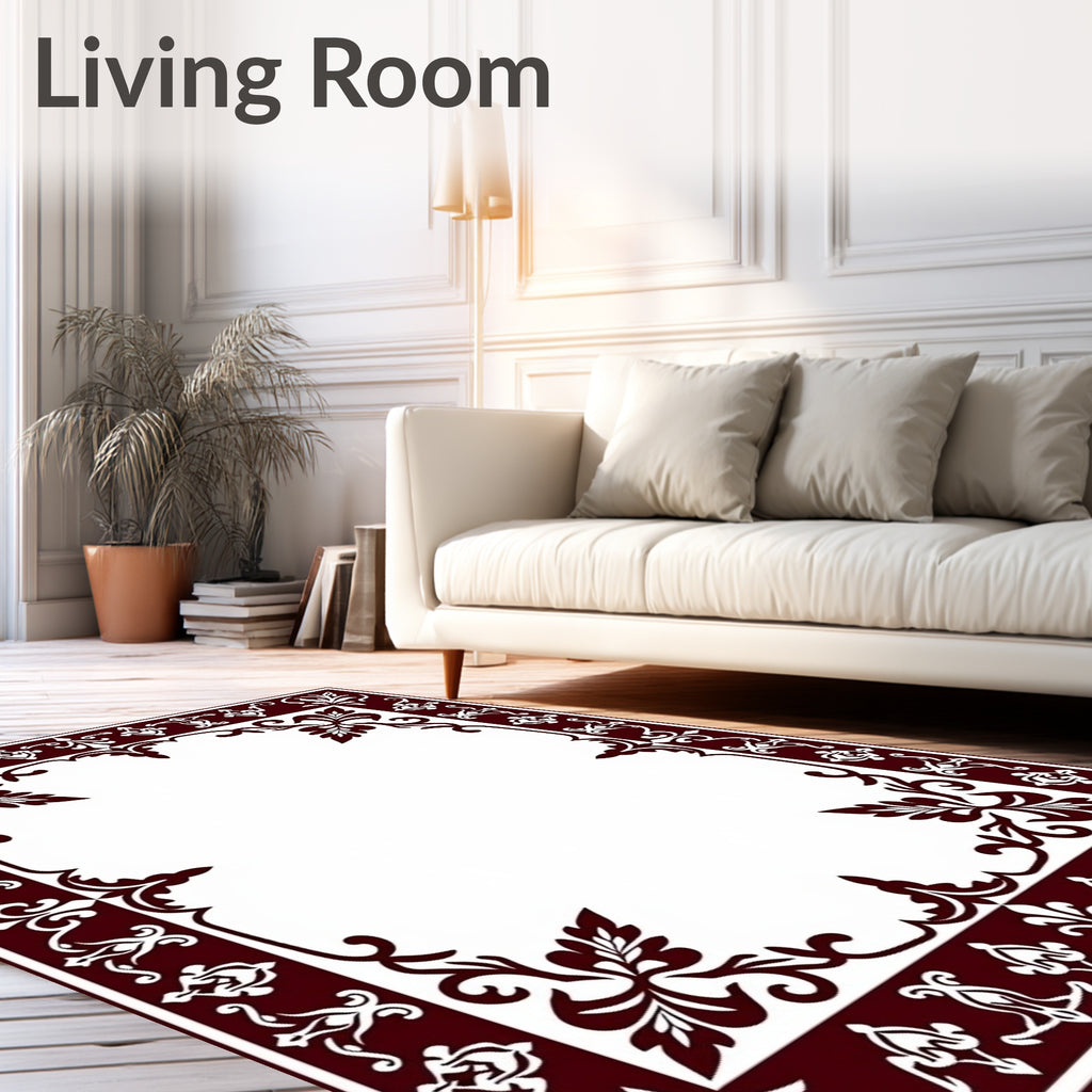 Rich Dark Red Ornate Scroll Border Rug