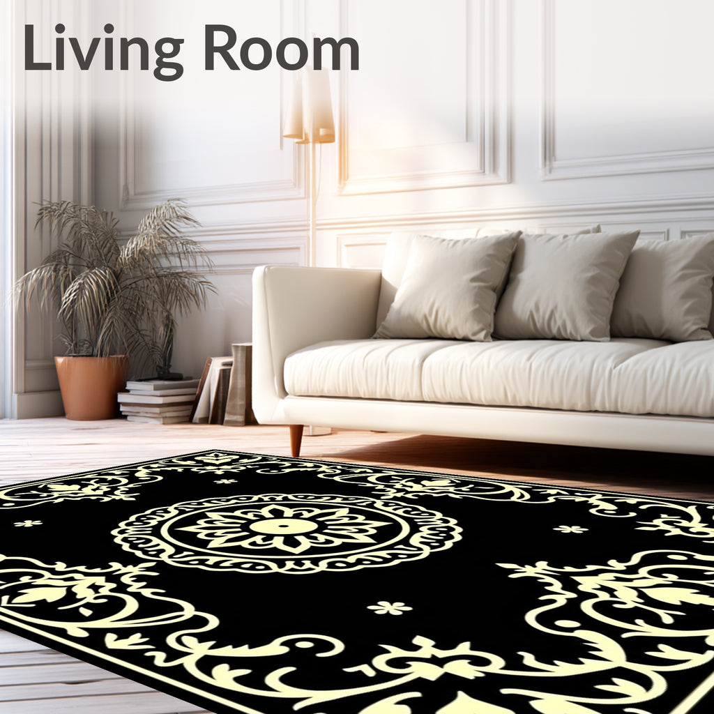 Ornate Black Pale Yellow Floral Rug