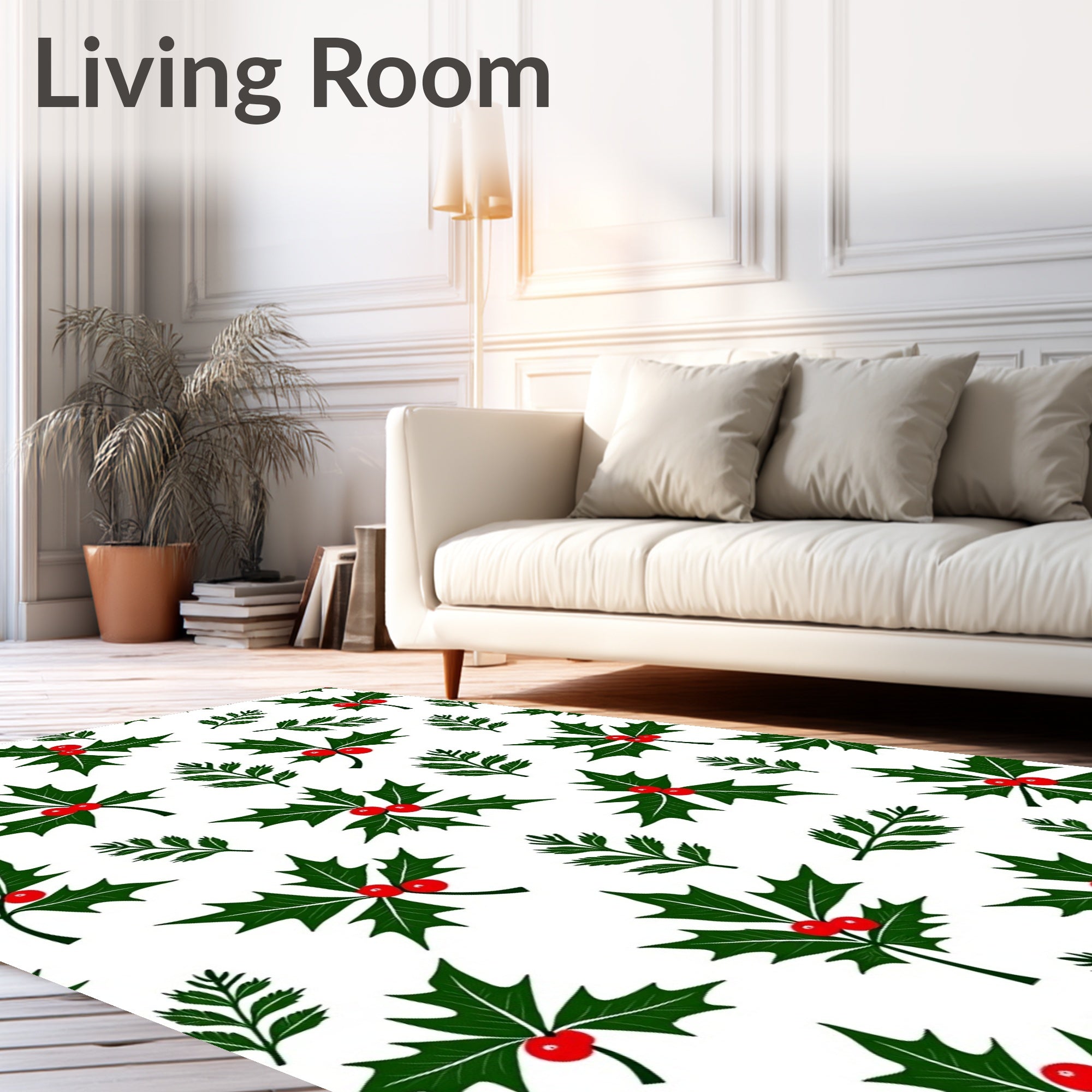 Holly Berries Festive Green Leaves Rug