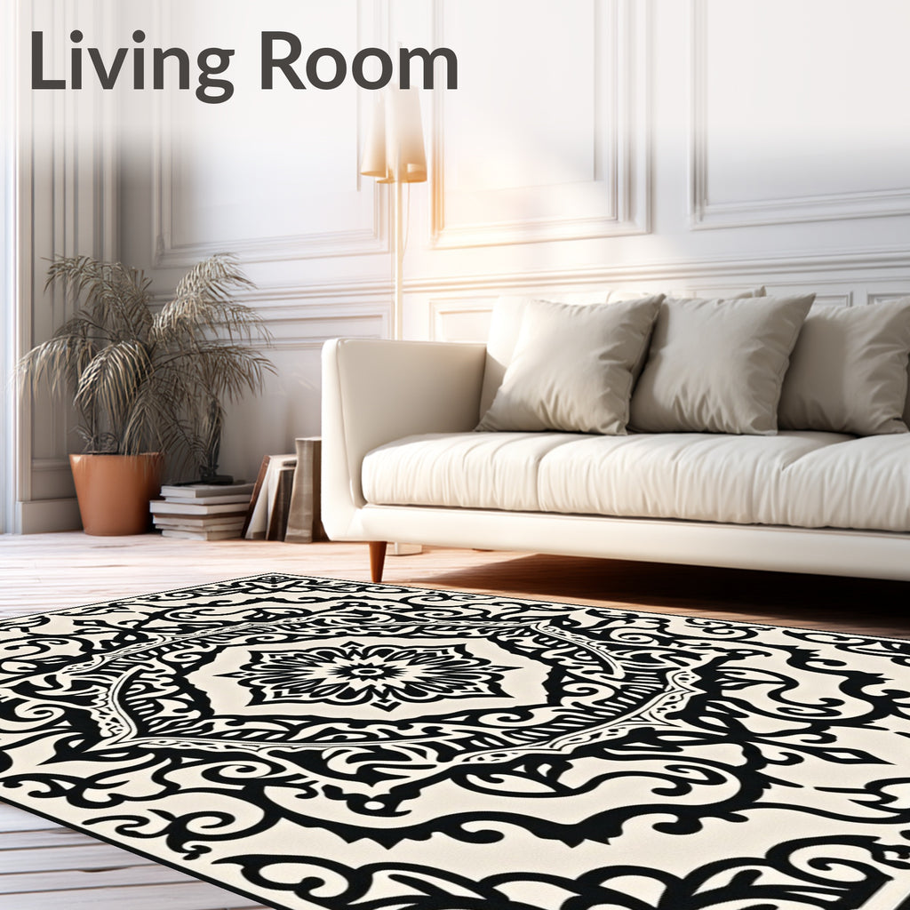 Elaborate Black Floral Scrollwork Design Rug