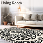 Elaborate Black Floral Scrollwork Design Rug