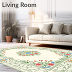 Green Floral Bordered Cream Rug
