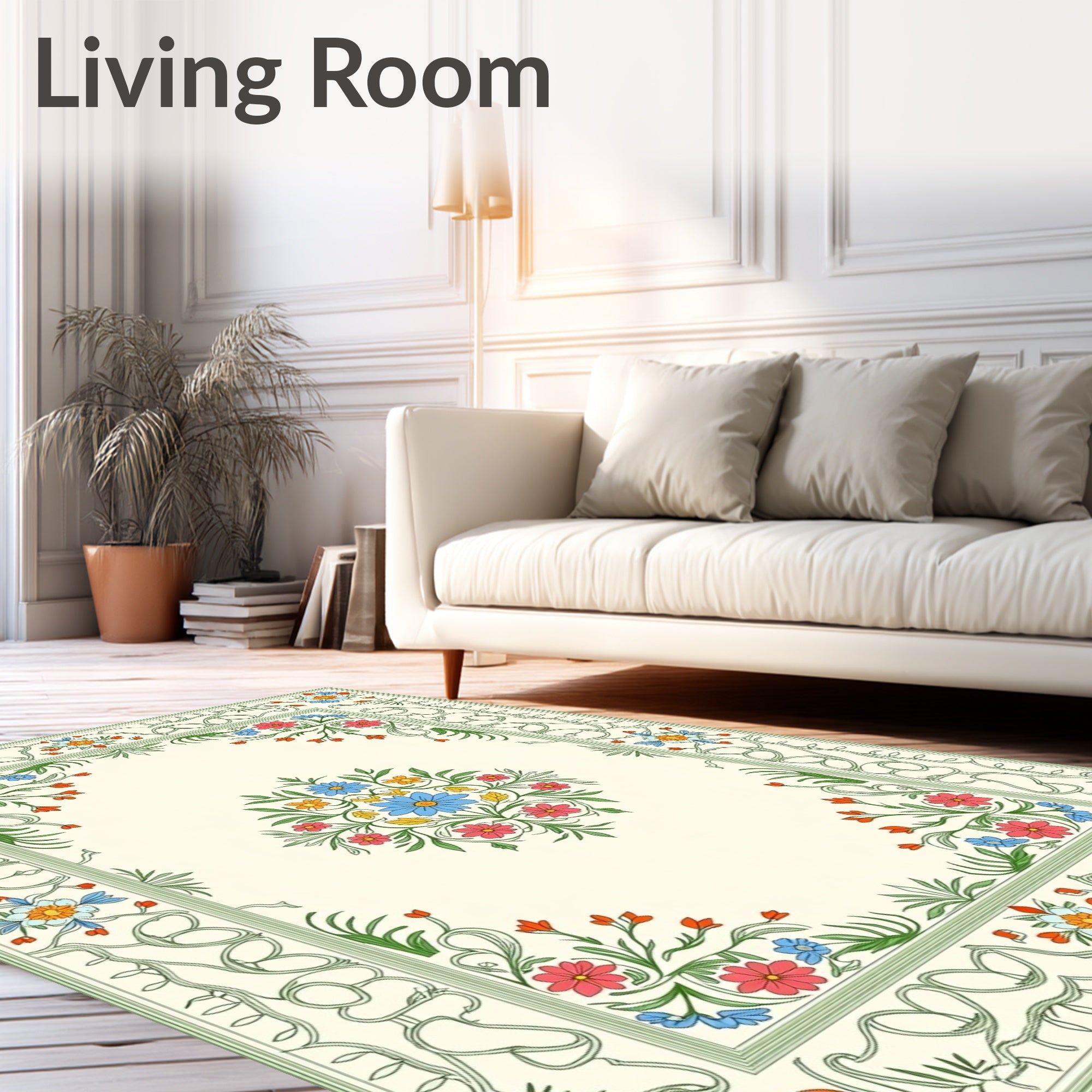 Green Floral Bordered Cream Rug