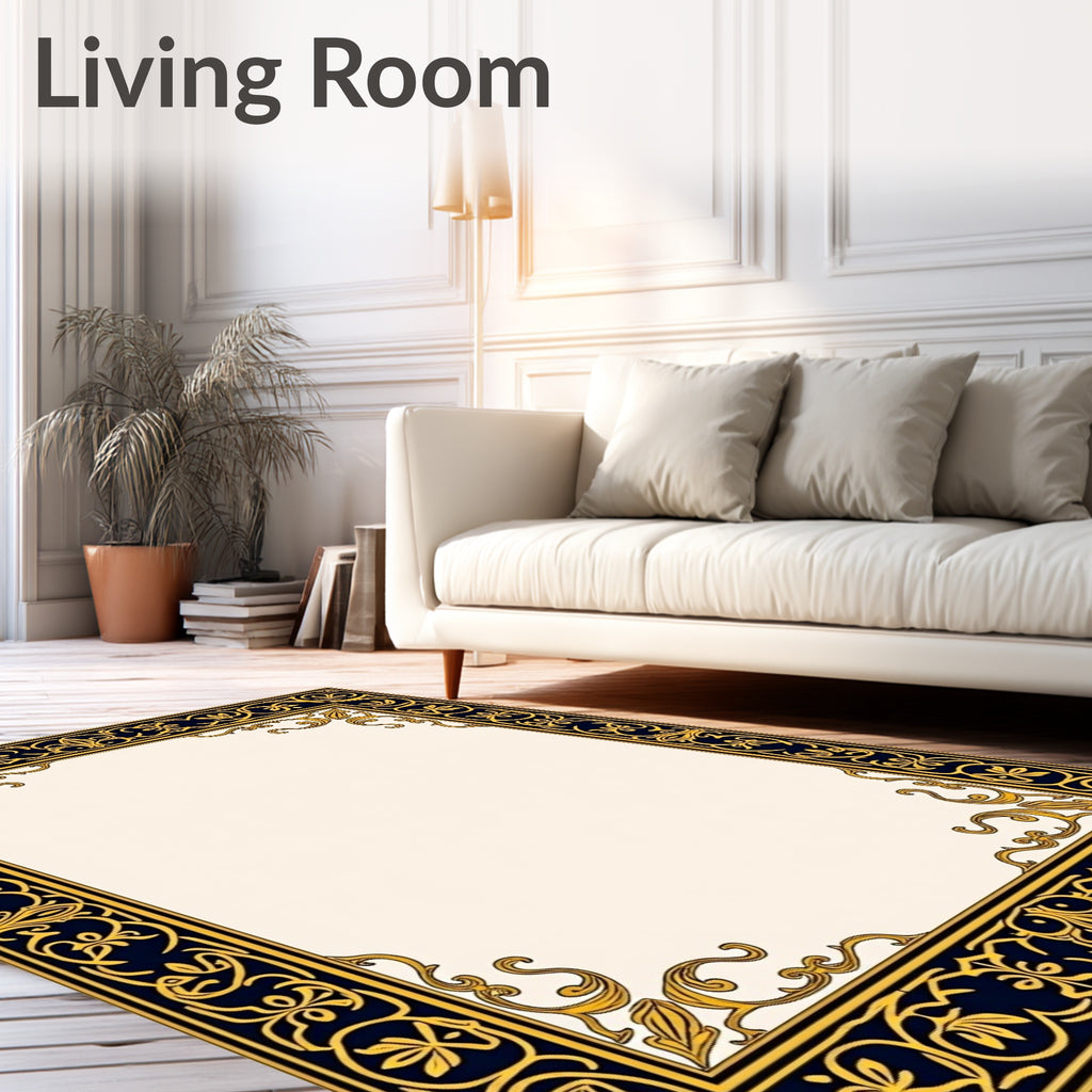 Ornate Dark Blue Gold Floral Border Rug