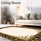 Ornate Dark Blue Gold Floral Border Rug