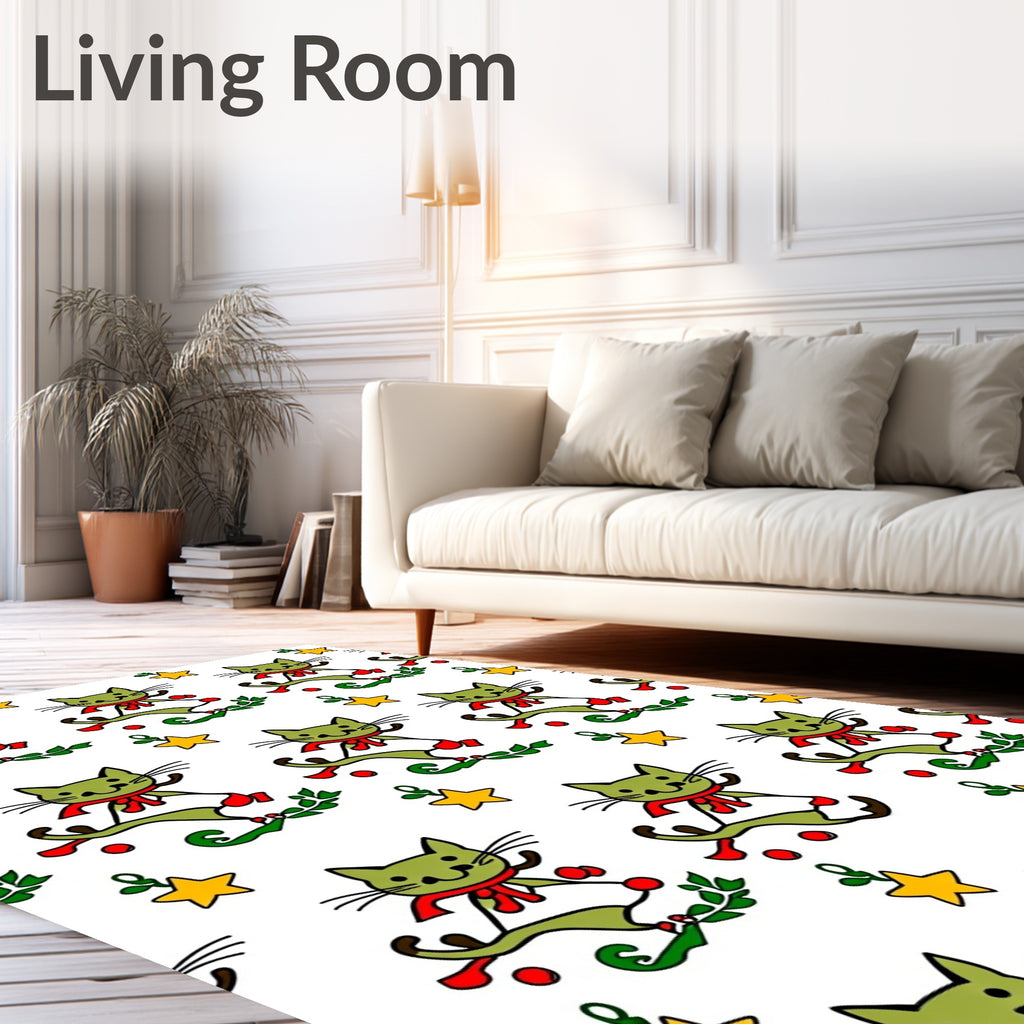 Playful Green Cats with Red Scarves Pattern Rug