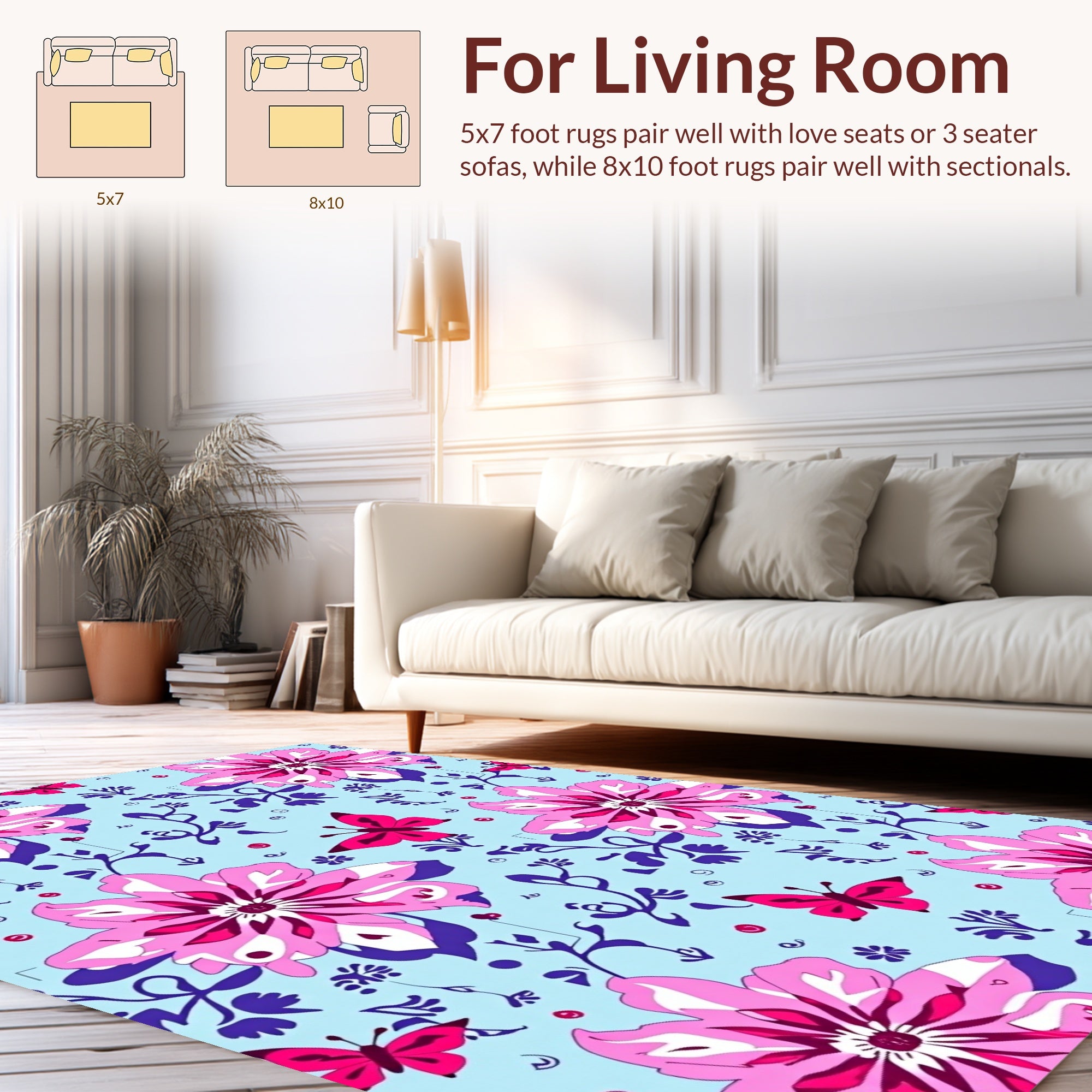 Pink Floral Butterfly Pattern Design Rug