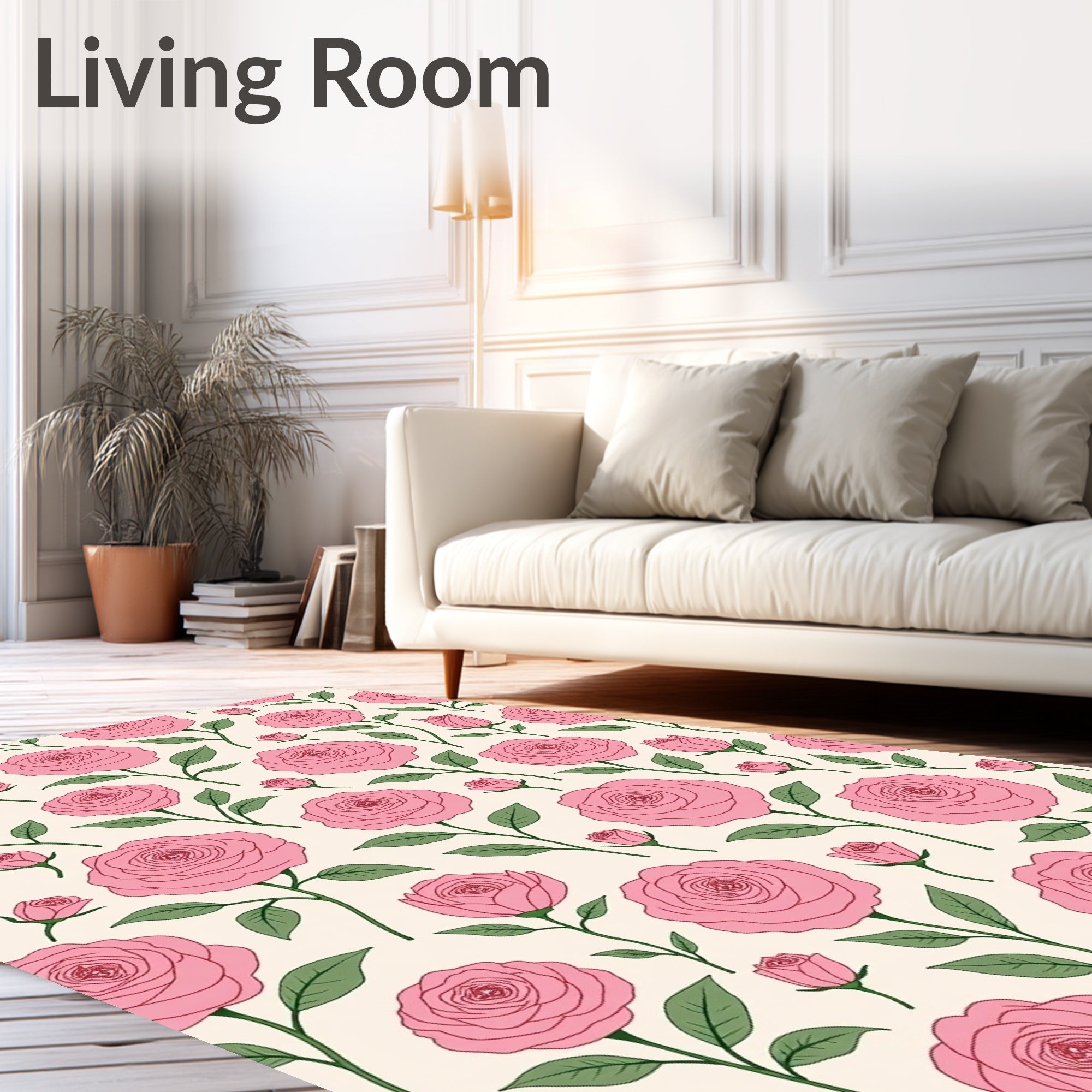 Pink Rose Stem Botanical Pattern Rug