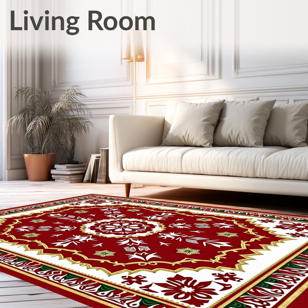 Elegant Red White Floral Medallion Rug