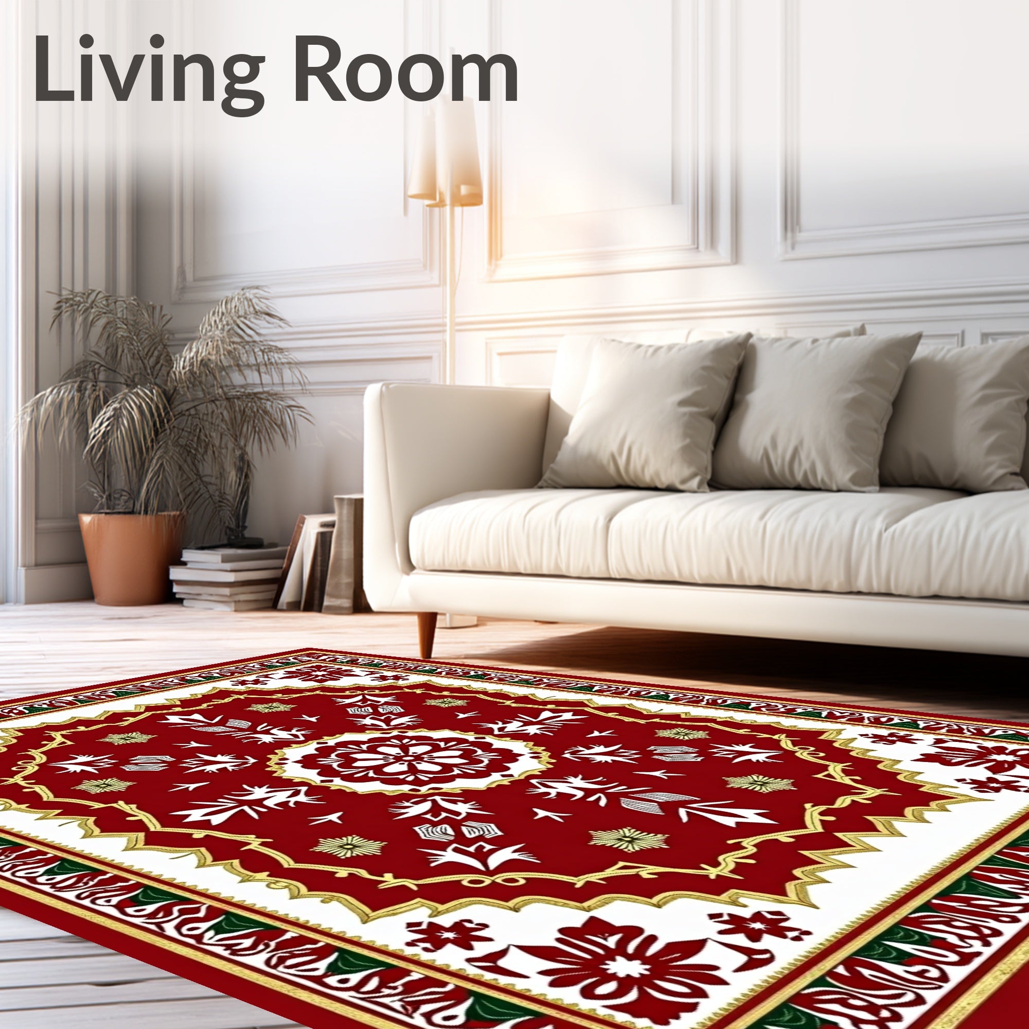 Elegant Red White Floral Medallion Rug