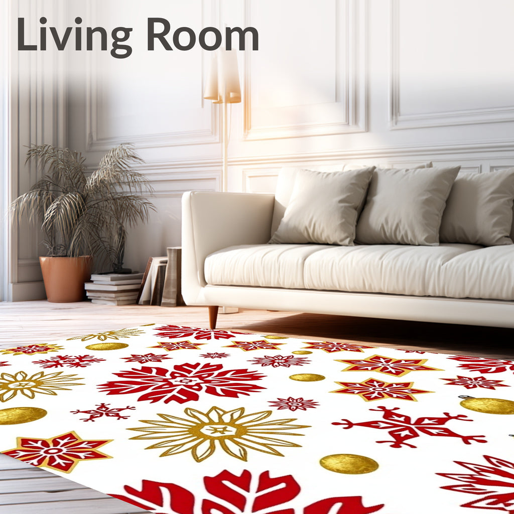 Festive Red Gold Snowflake Stars Pattern Rug