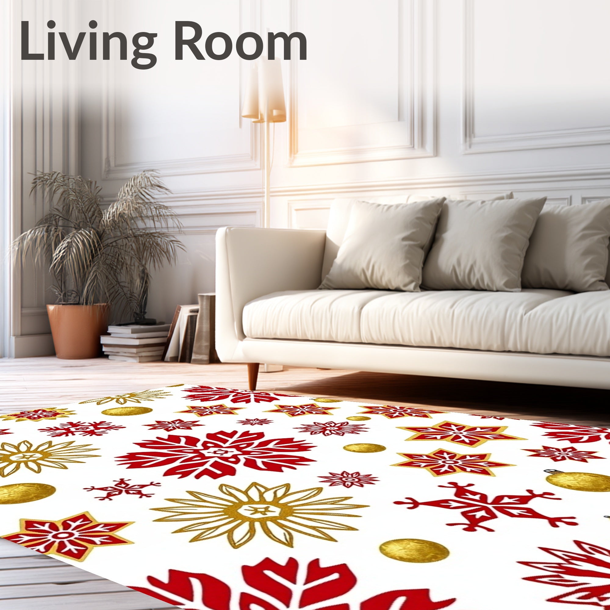 Festive Red Gold Snowflake Stars Pattern Rug