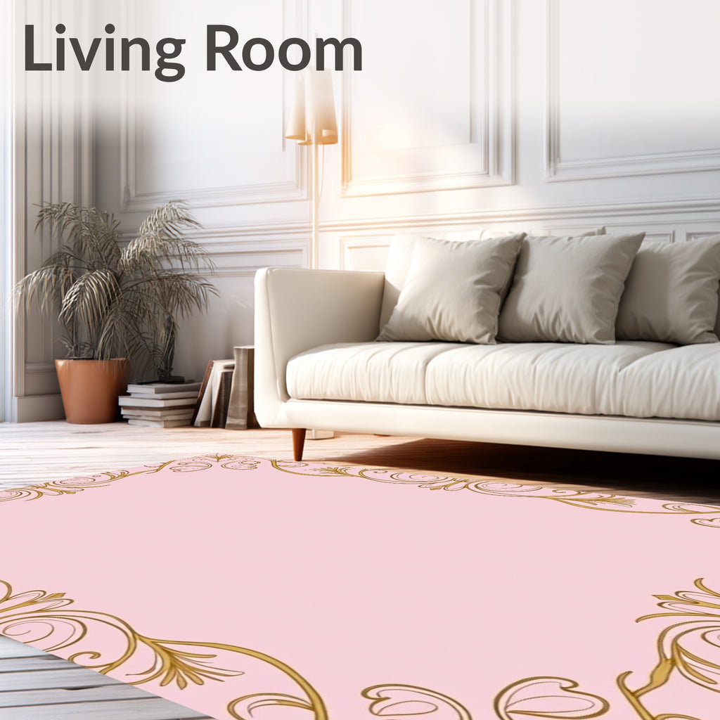 Ornate Gold Flourish Pink Background Rug