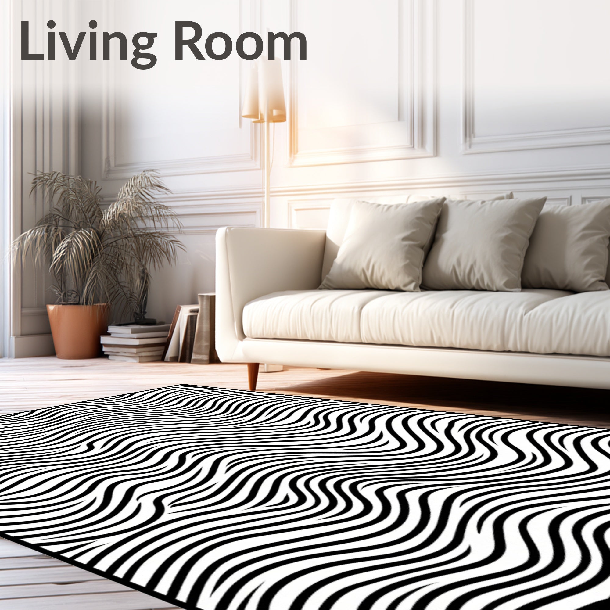 Abstract Black White Wavy Pattern Rug