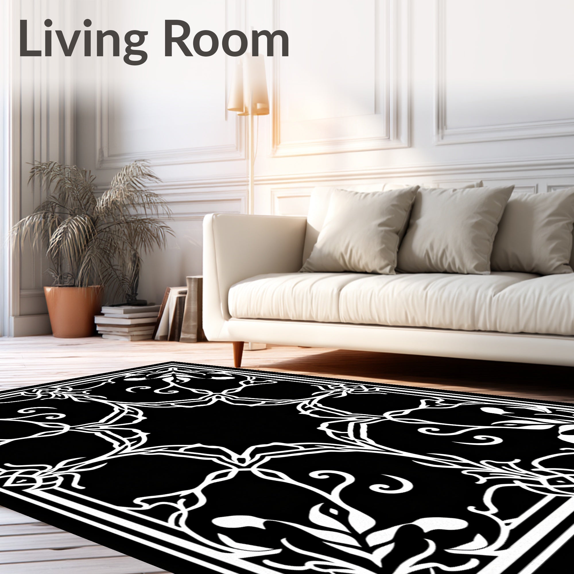 Intricate White Floral Scroll Pattern Rug
