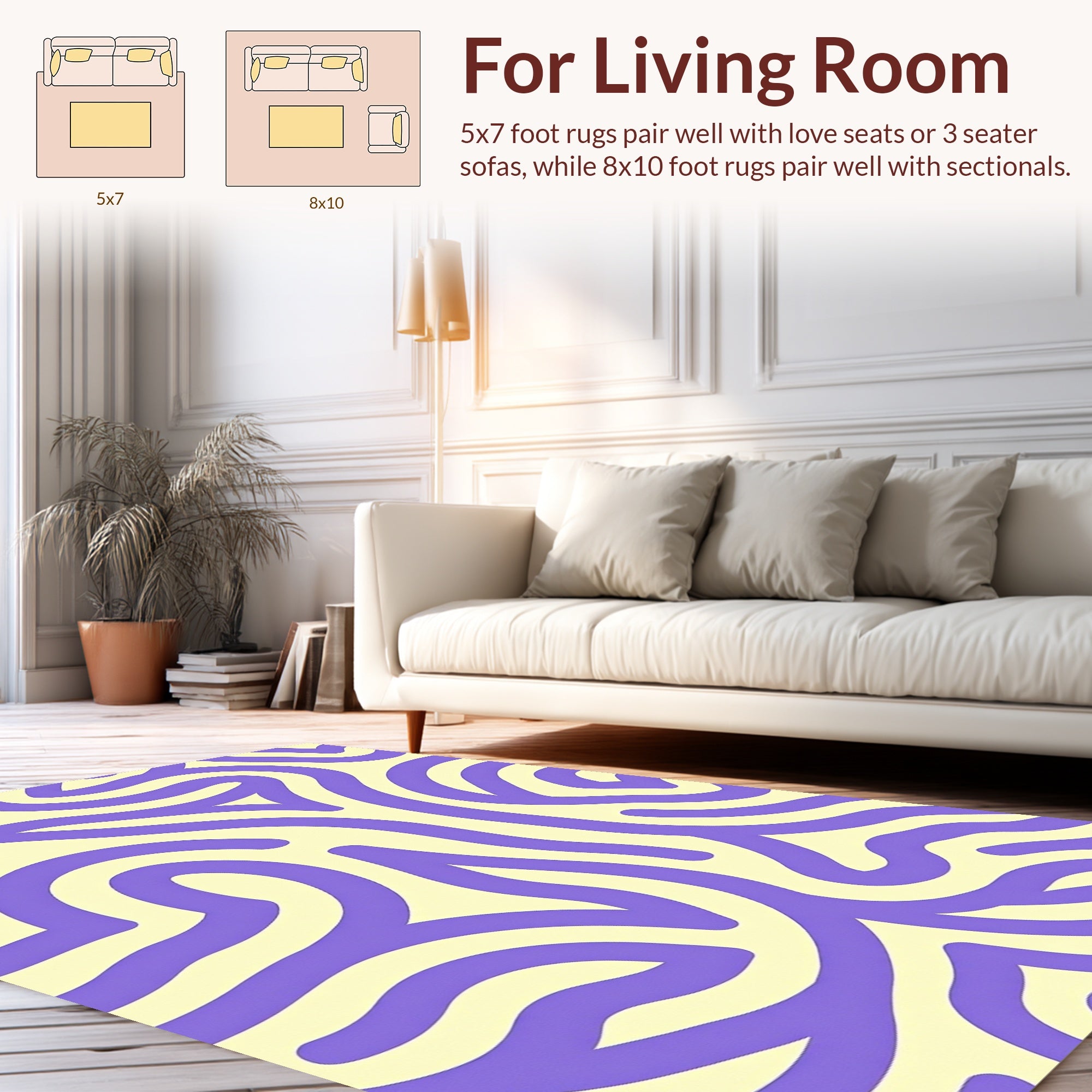 Whimsical Purple Cream Abstract Lines Rug