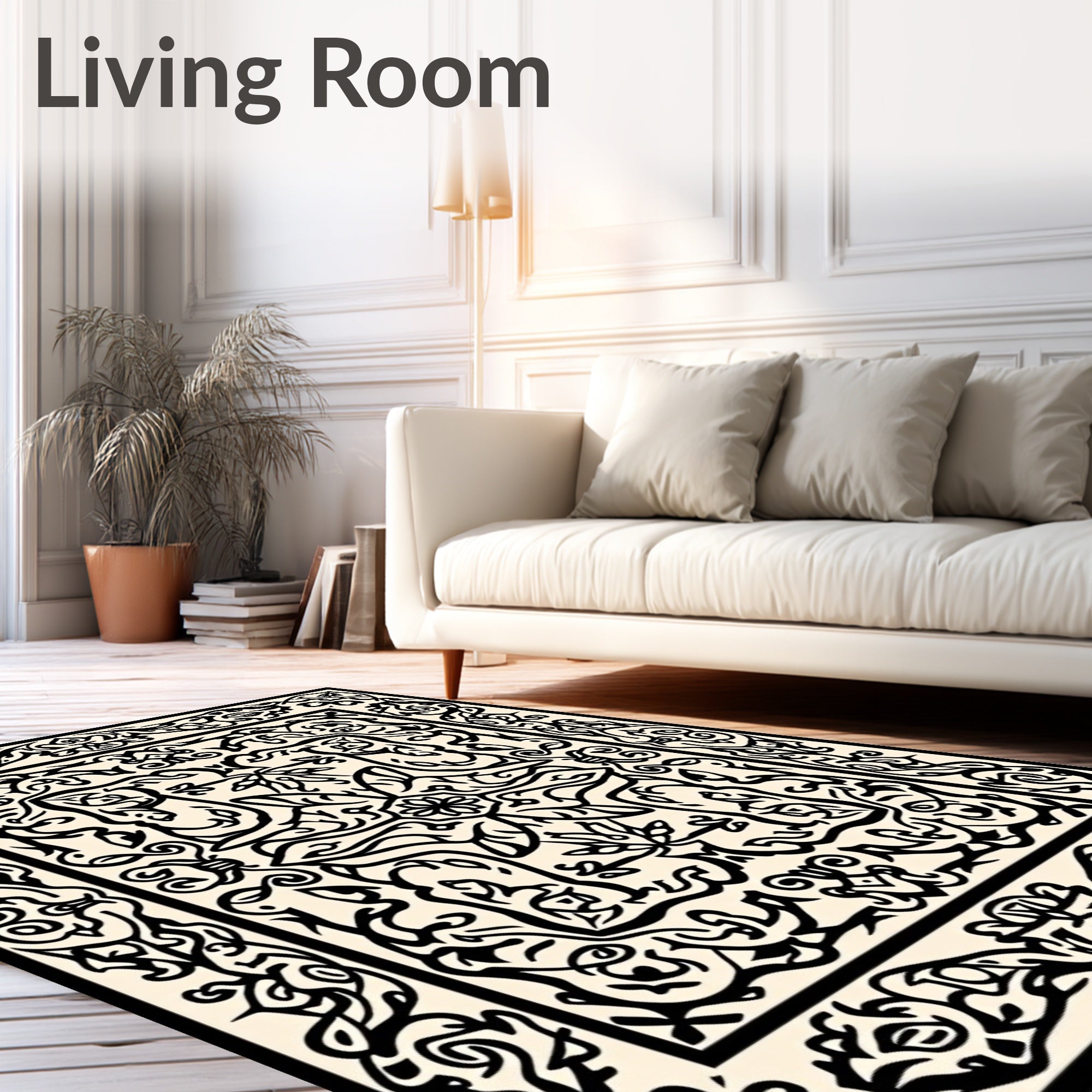Vintage Black Ivory Floral Pattern Rug