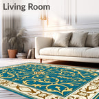 Ornate Teal Gold Floral Scroll Rug