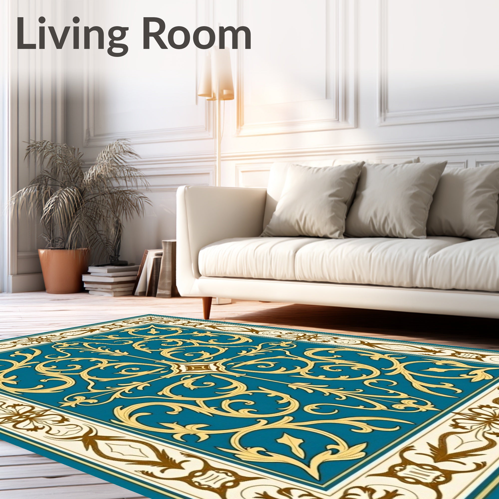 Ornate Teal Gold Floral Scroll Rug