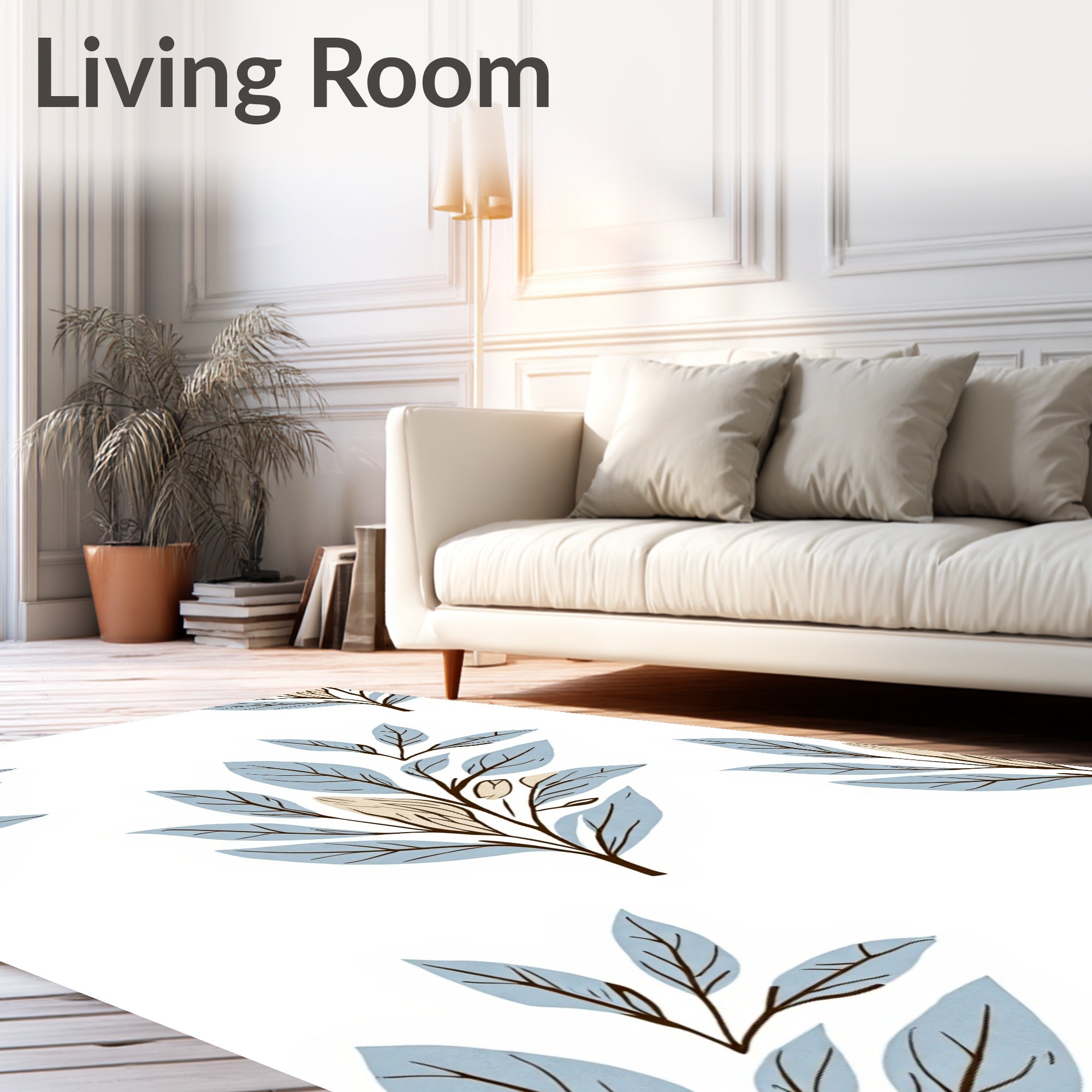 Soft Blue Leafy Branch Pattern Rug