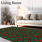 Red Floral Pattern On Green Background Rug