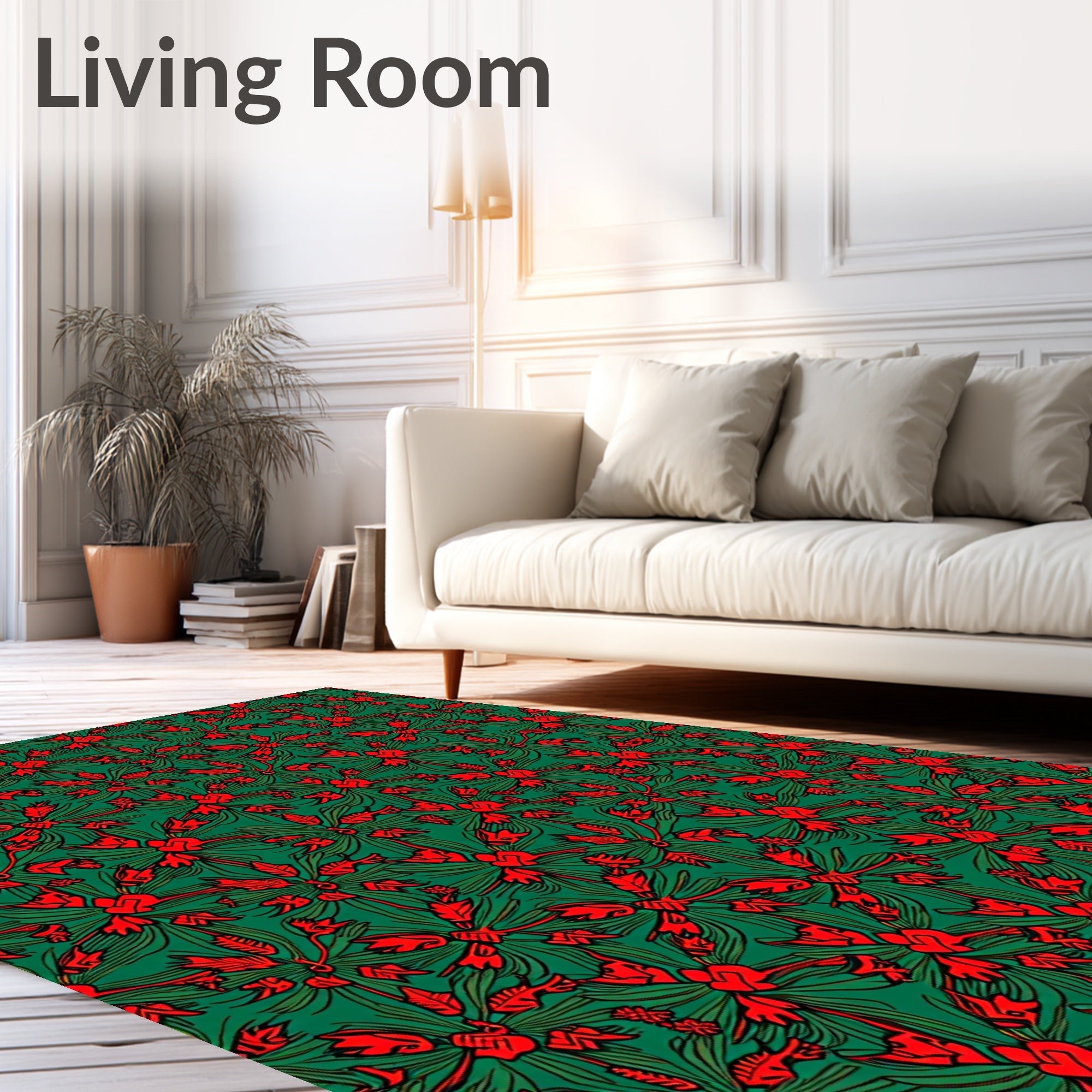 Red Floral Pattern On Green Background Rug