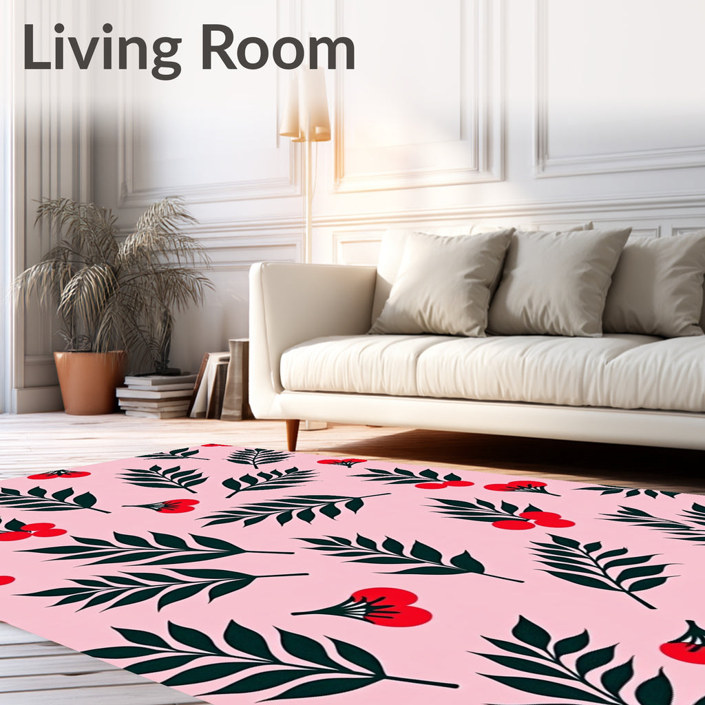Leaf Berry Patterned Pink Rug