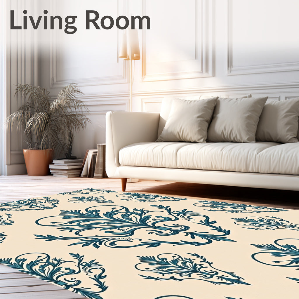 Teal Floral Damask Pattern Rug