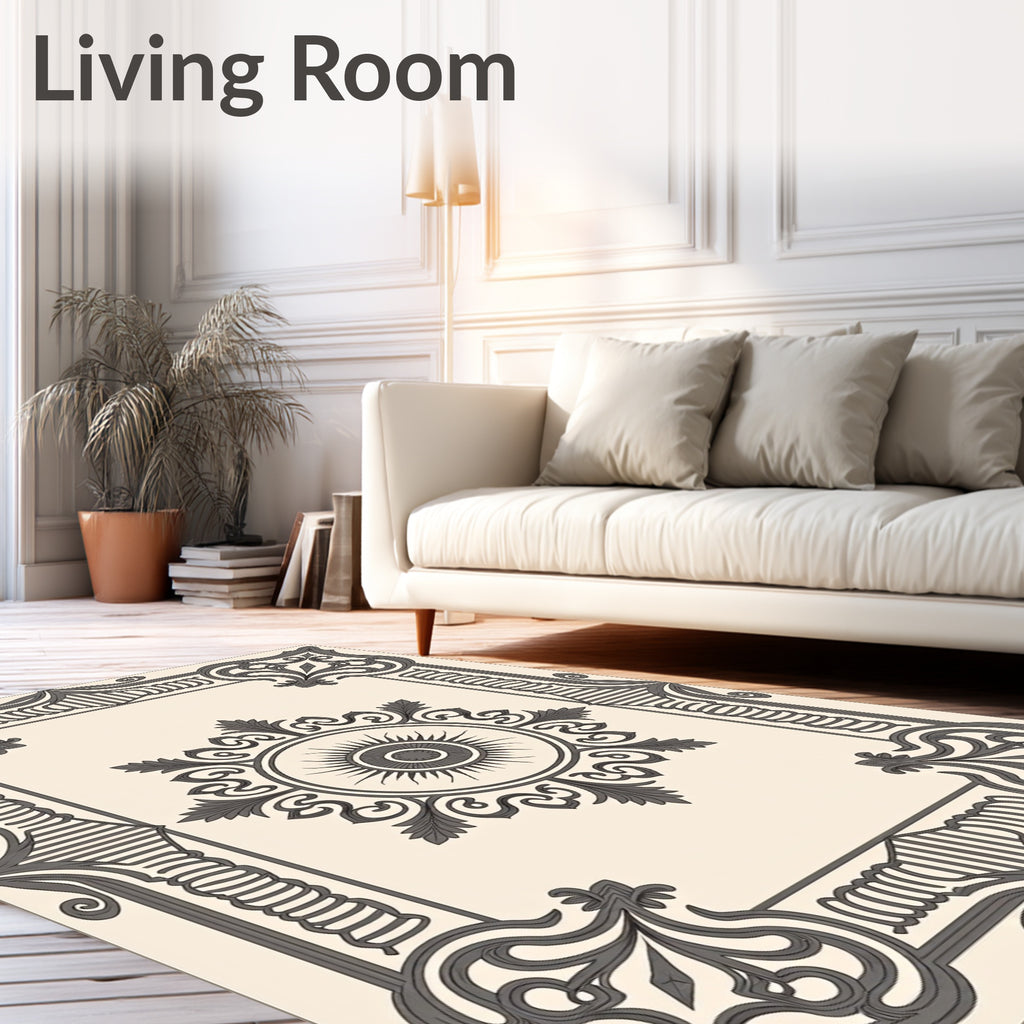 Ornate Sun Motif Gray Border Rug