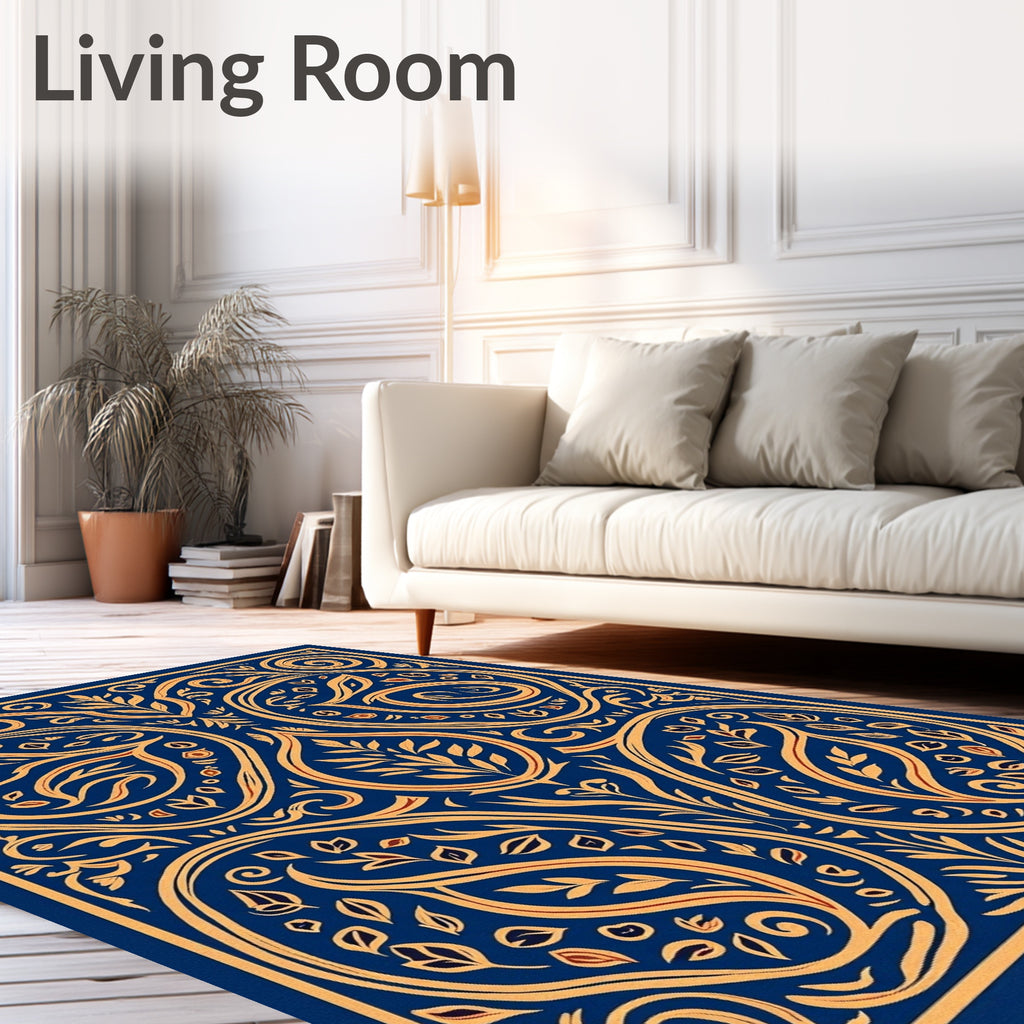 Ornate Floral Scrollwork Indigo Rug