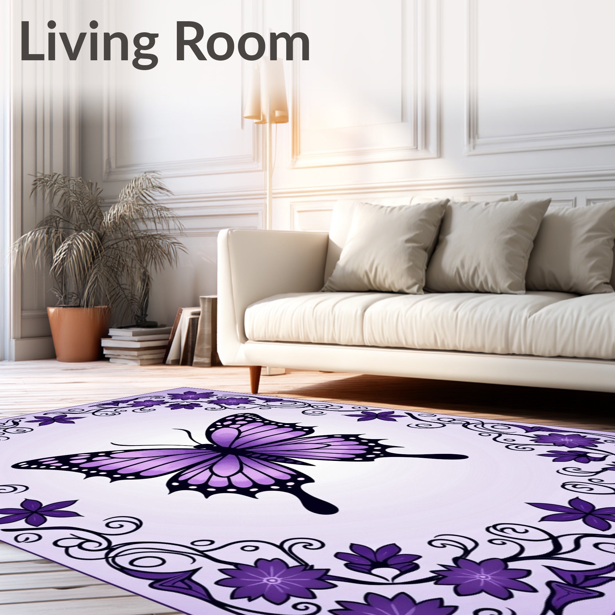 Purple Butterfly Floral Vine Design Rug