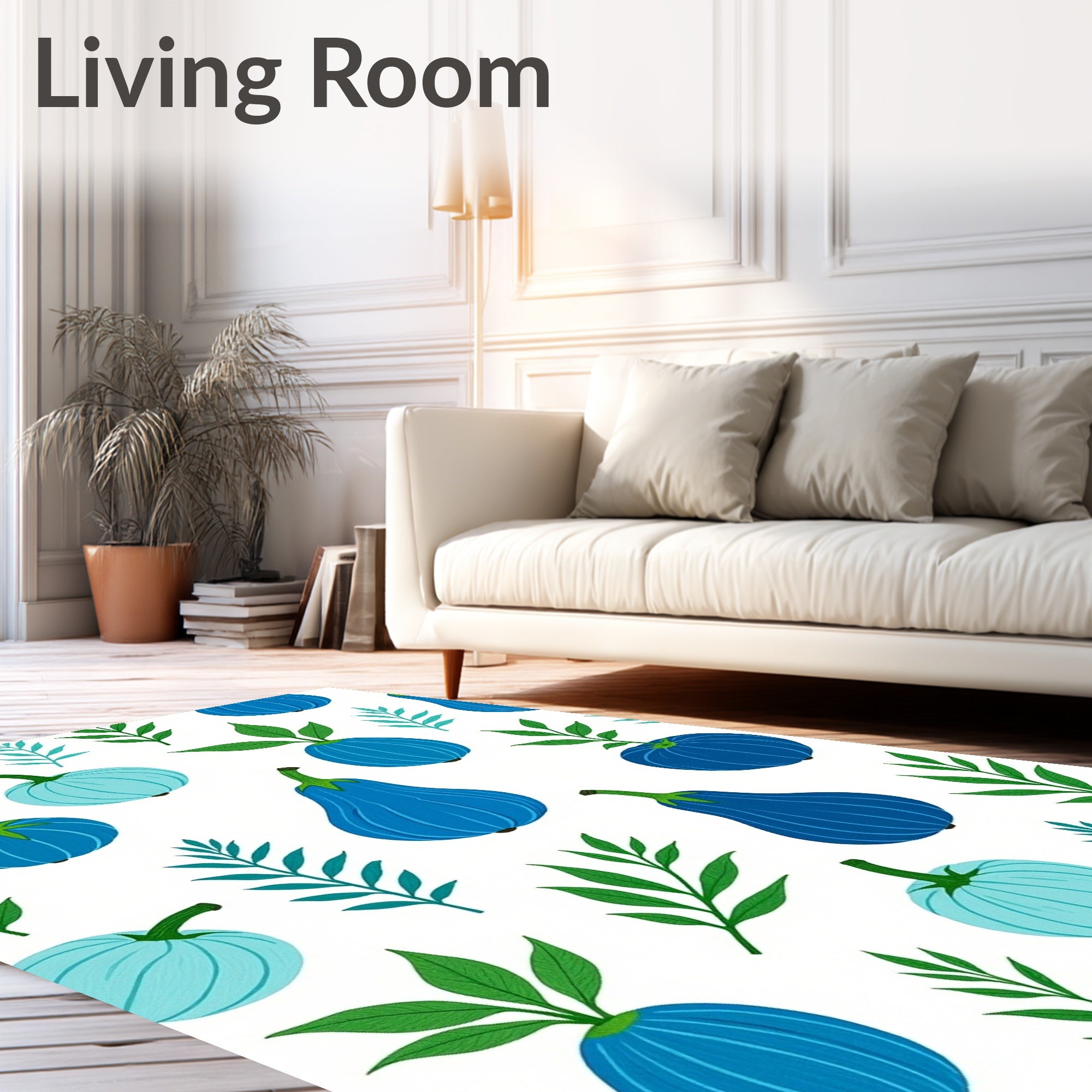 Blue Botanical Fruit Leaf Pattern Rug