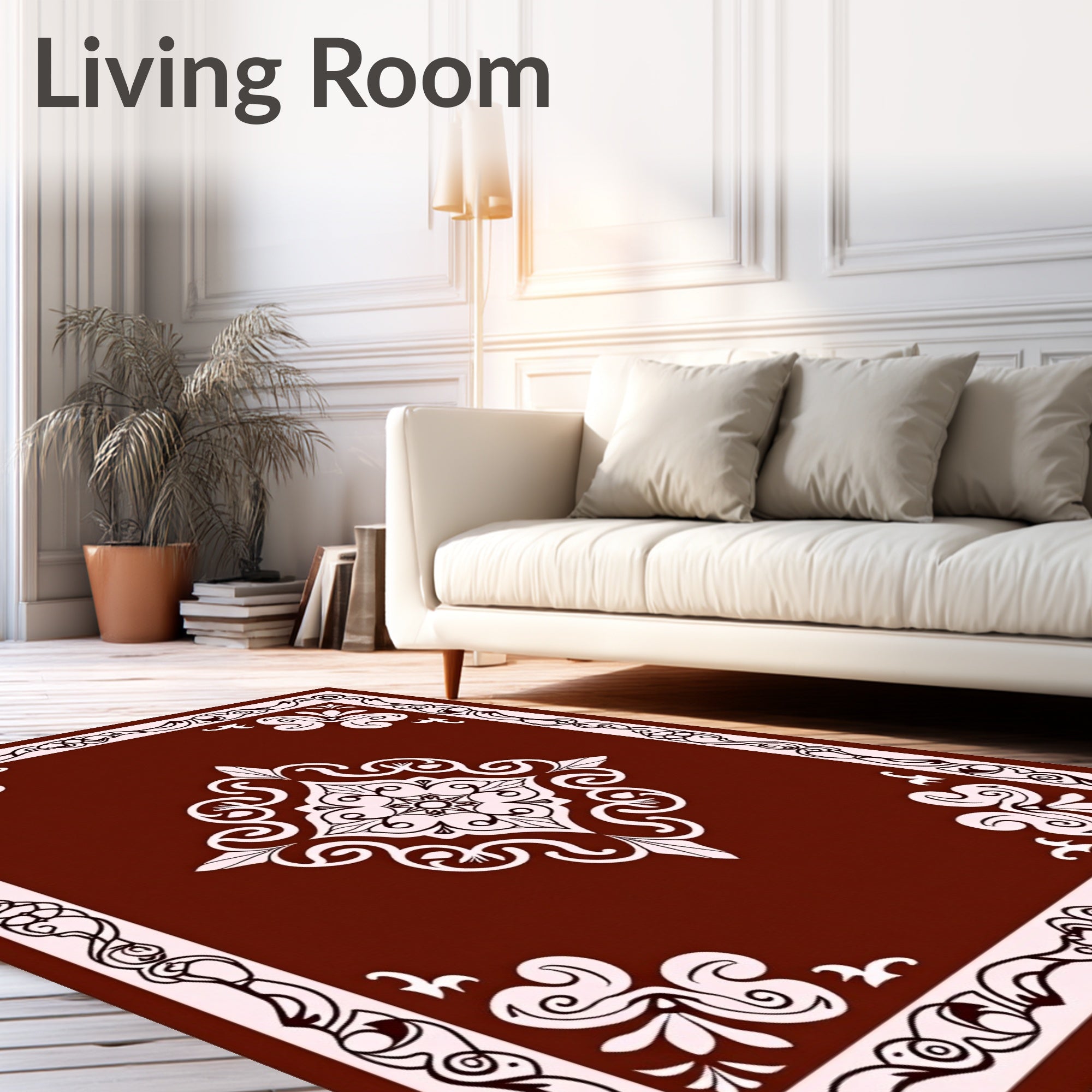 Ornate Floral Border White Design Rug