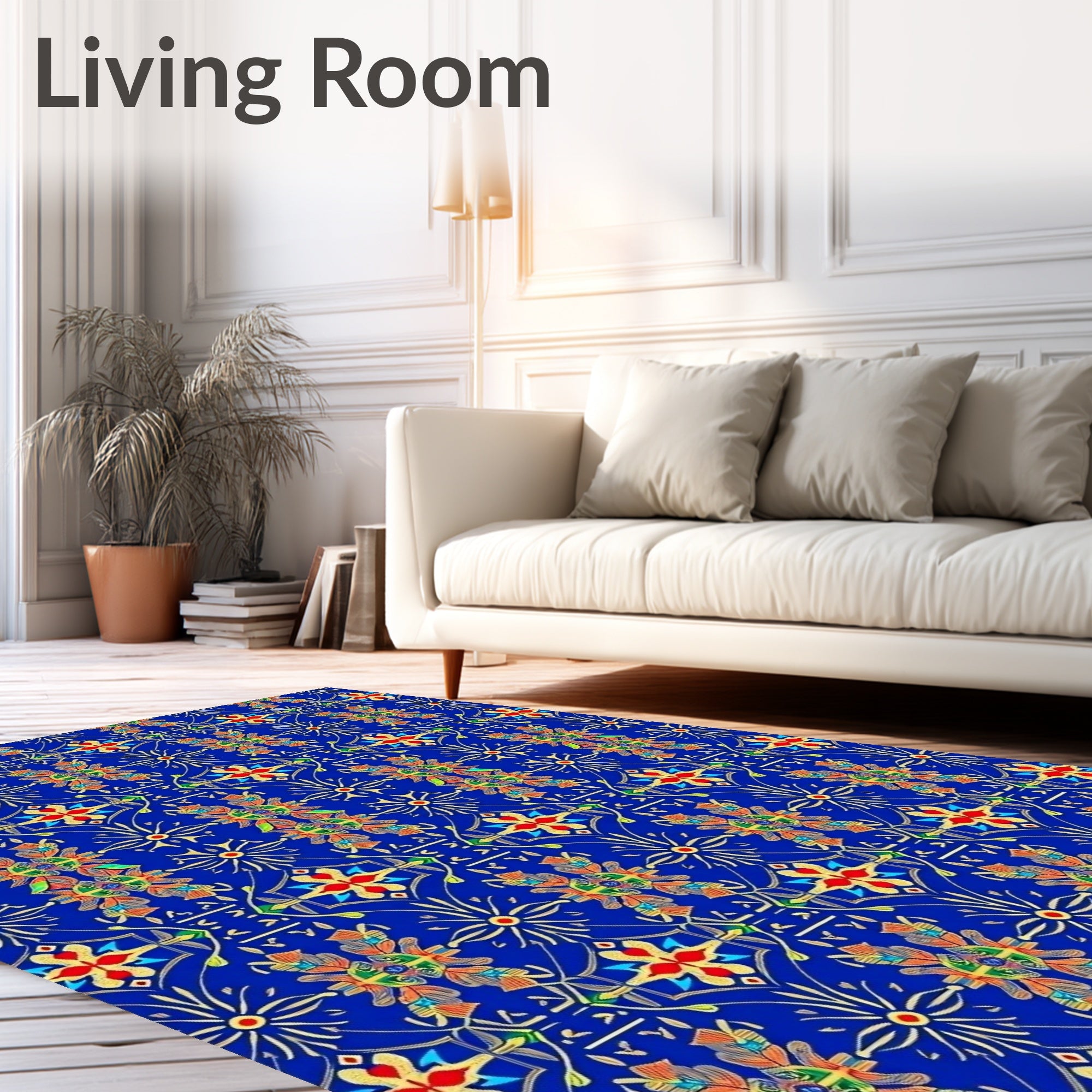 Vibrant Blue Floral Regal Pattern Rug