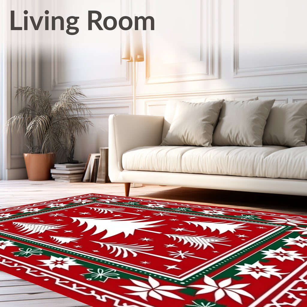 Festive Red Pine Tree Folk Art Rug