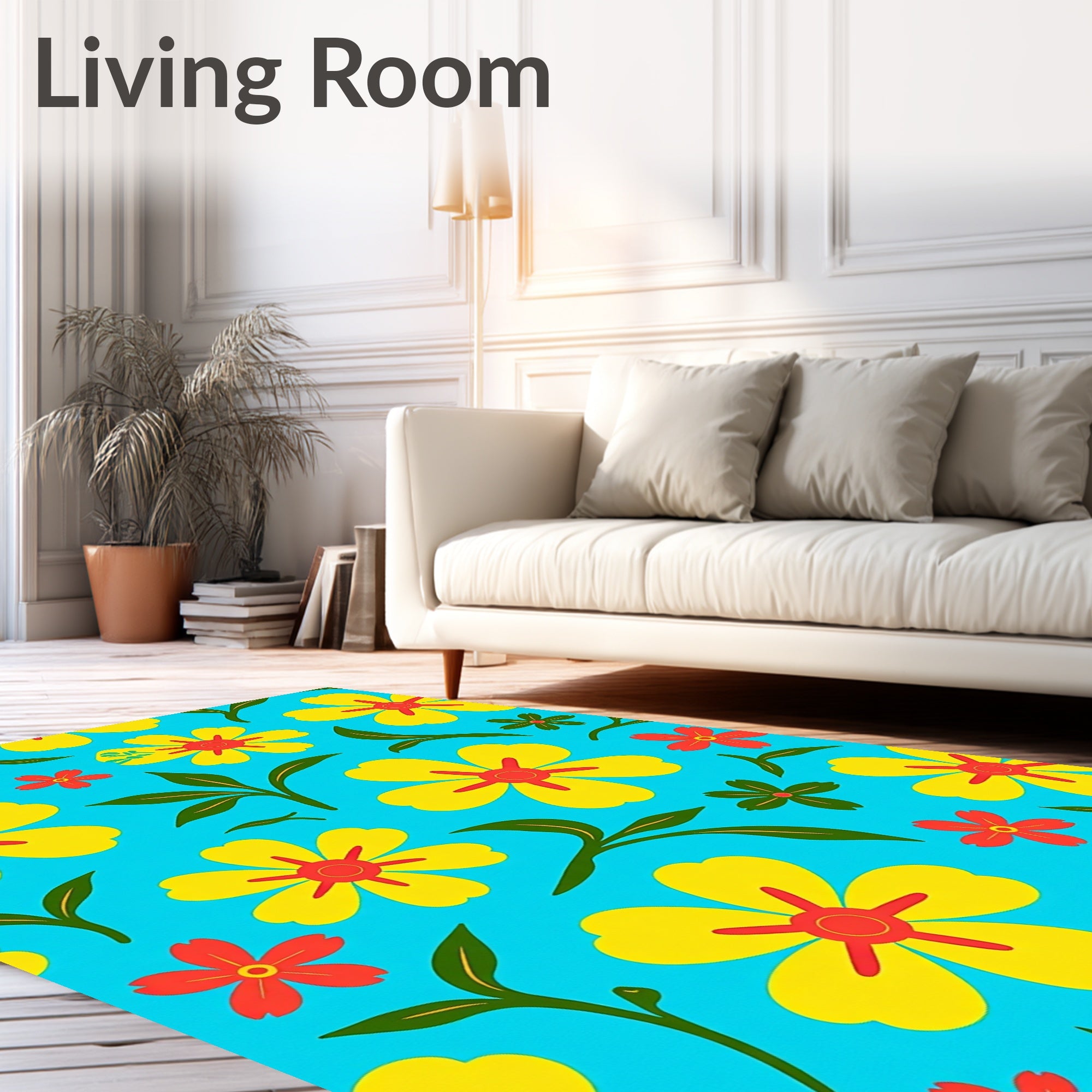 Bright Yellow Red Floral Pattern Rug