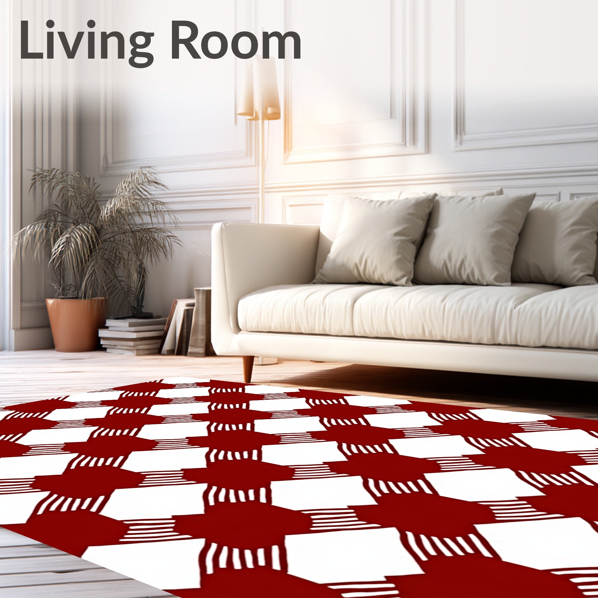 Red White Interlocking Block Pattern Rug