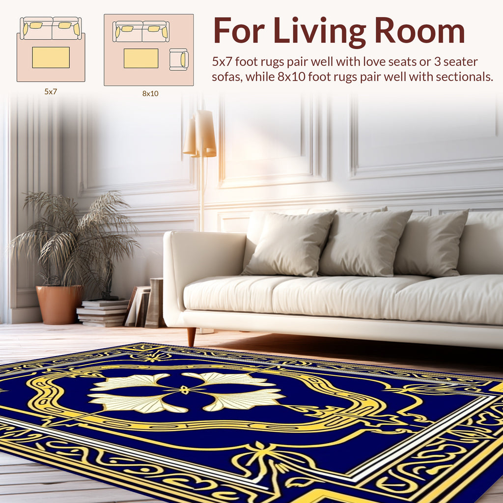 Ornate Blue And Gold Floral Design Rug