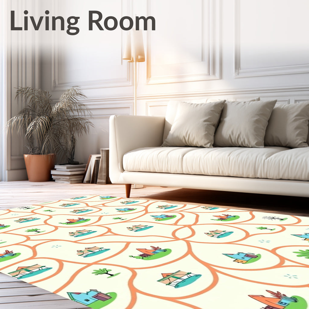 Wavy Village Landscape Colorful Design Rug