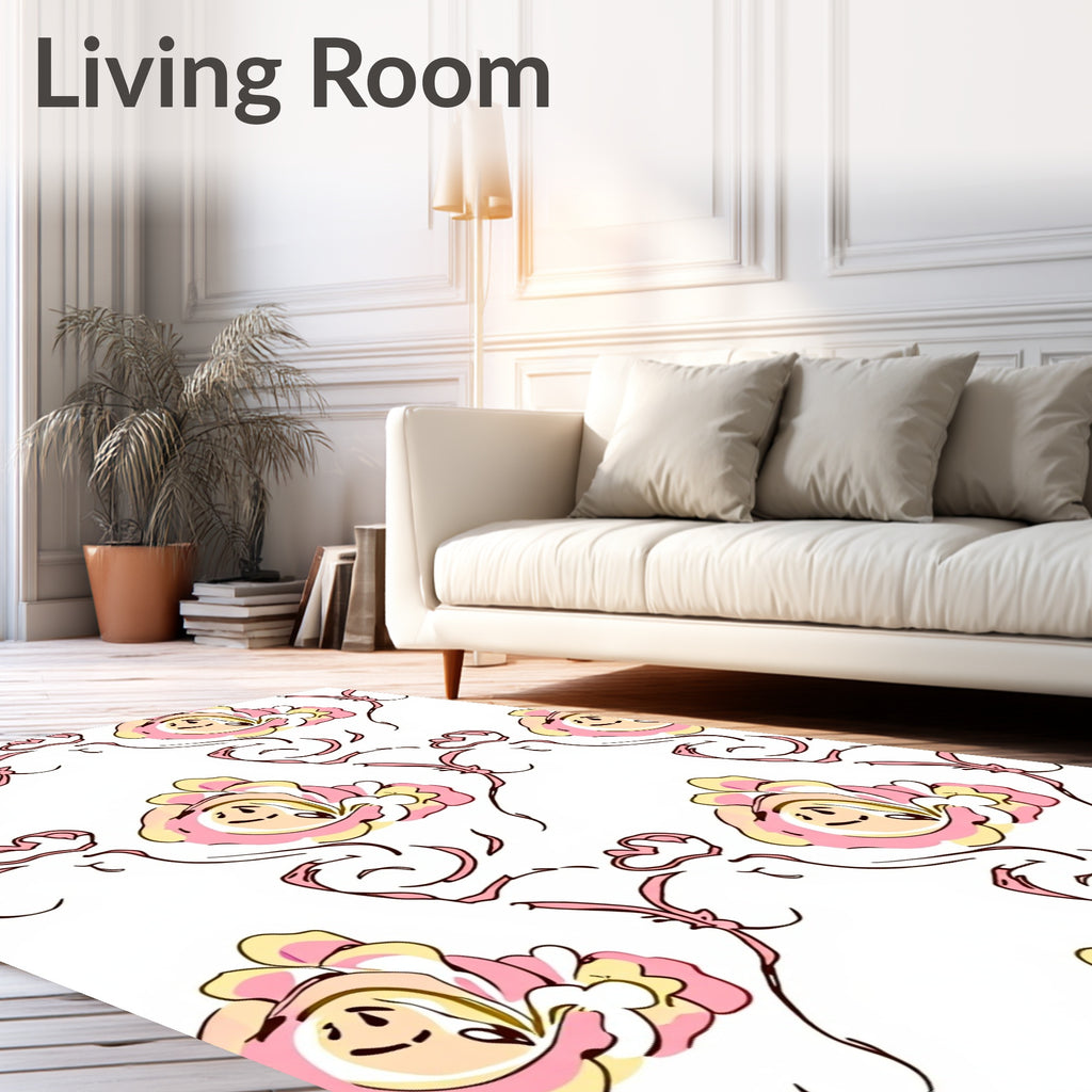Pink Yellow Floral Swirl Design Rug