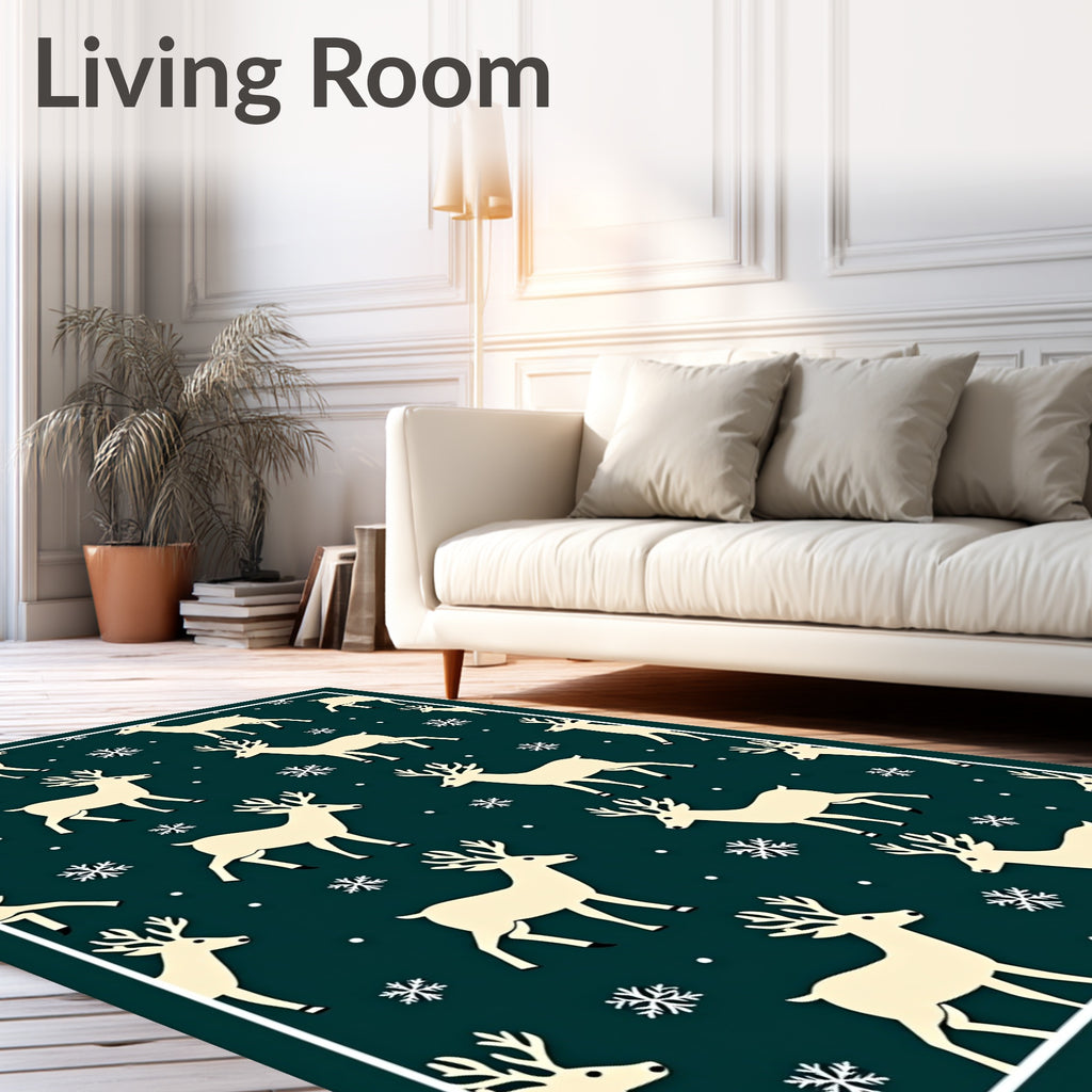 Cream Reindeer Snowy Teal Landscape Rug